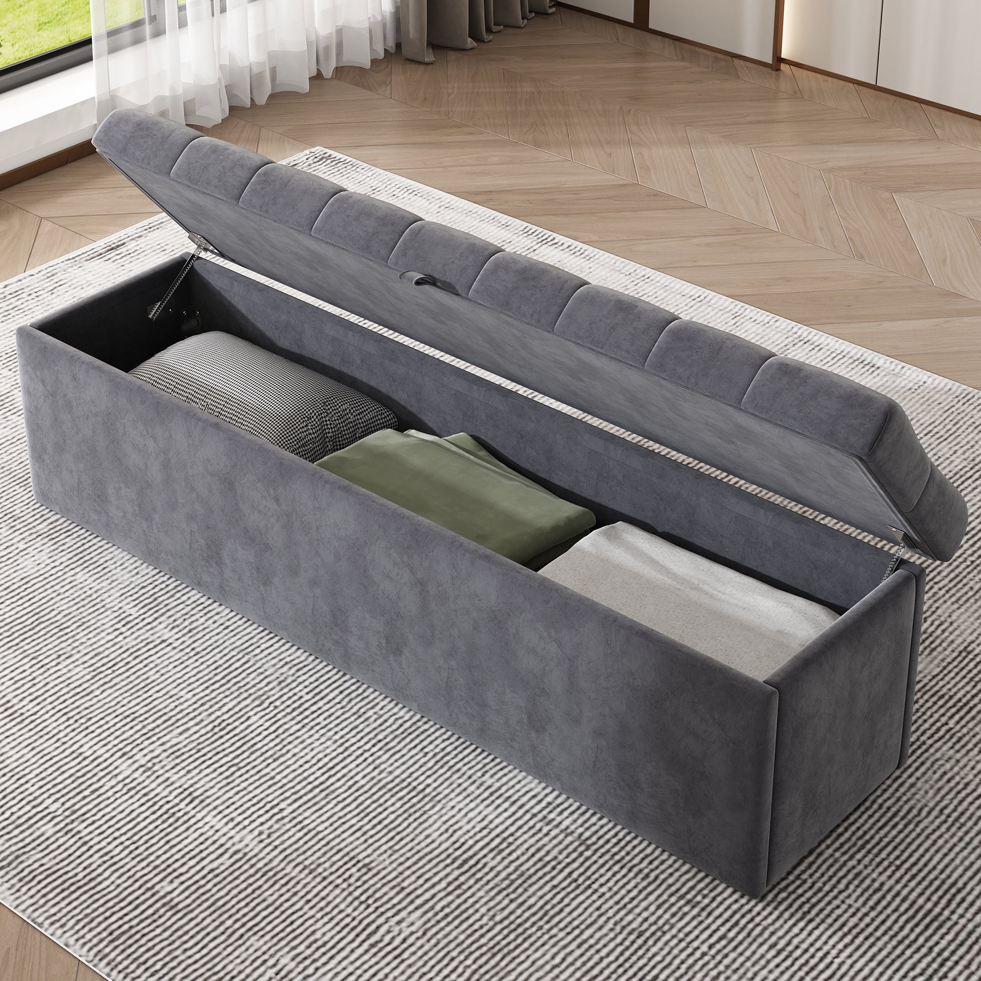 Logidon Fluwelen Bank met Opbergruimte Gestoffeerde Ottoman Grijs 138x41x42 cm