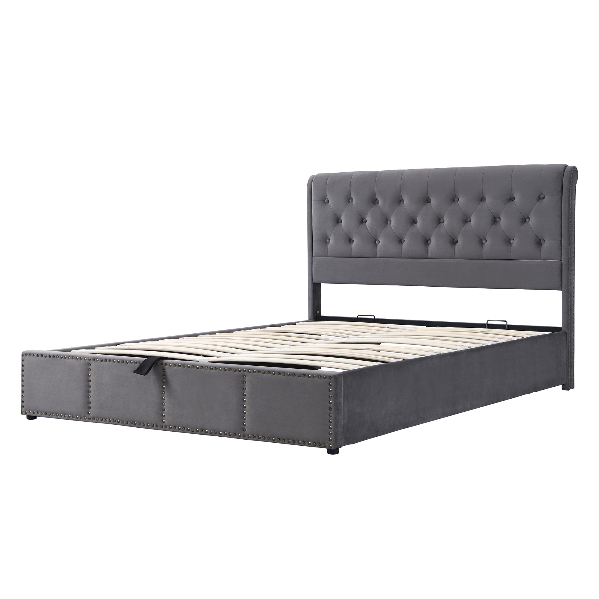 Logidon gestoffeerd bed 140x190 cm met hydraulische hendel grijs fluwelen klinknageldecoratie