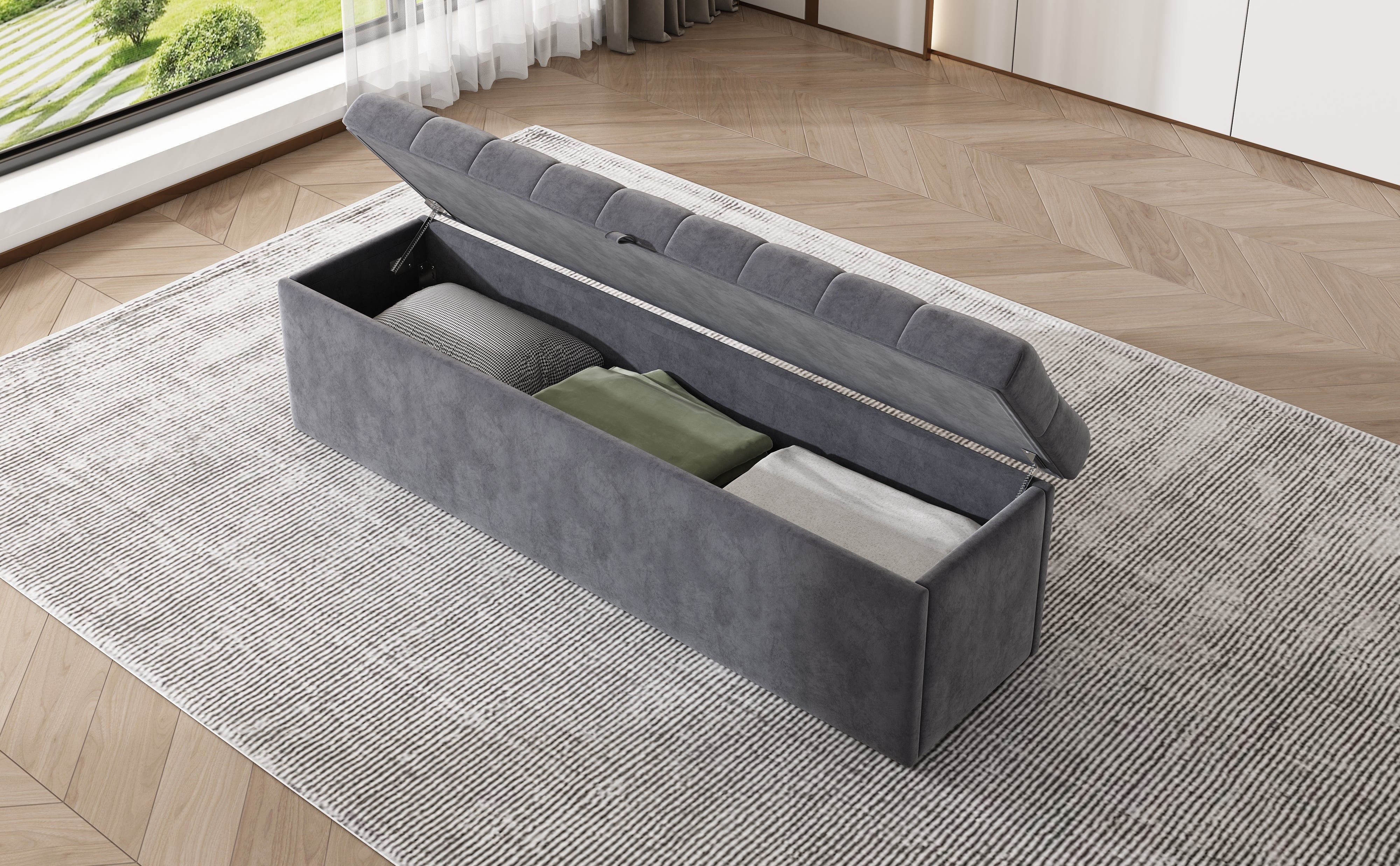 Logidon Fluwelen Bank met Opbergruimte Gestoffeerde Ottoman Grijs 138x41x42 cm