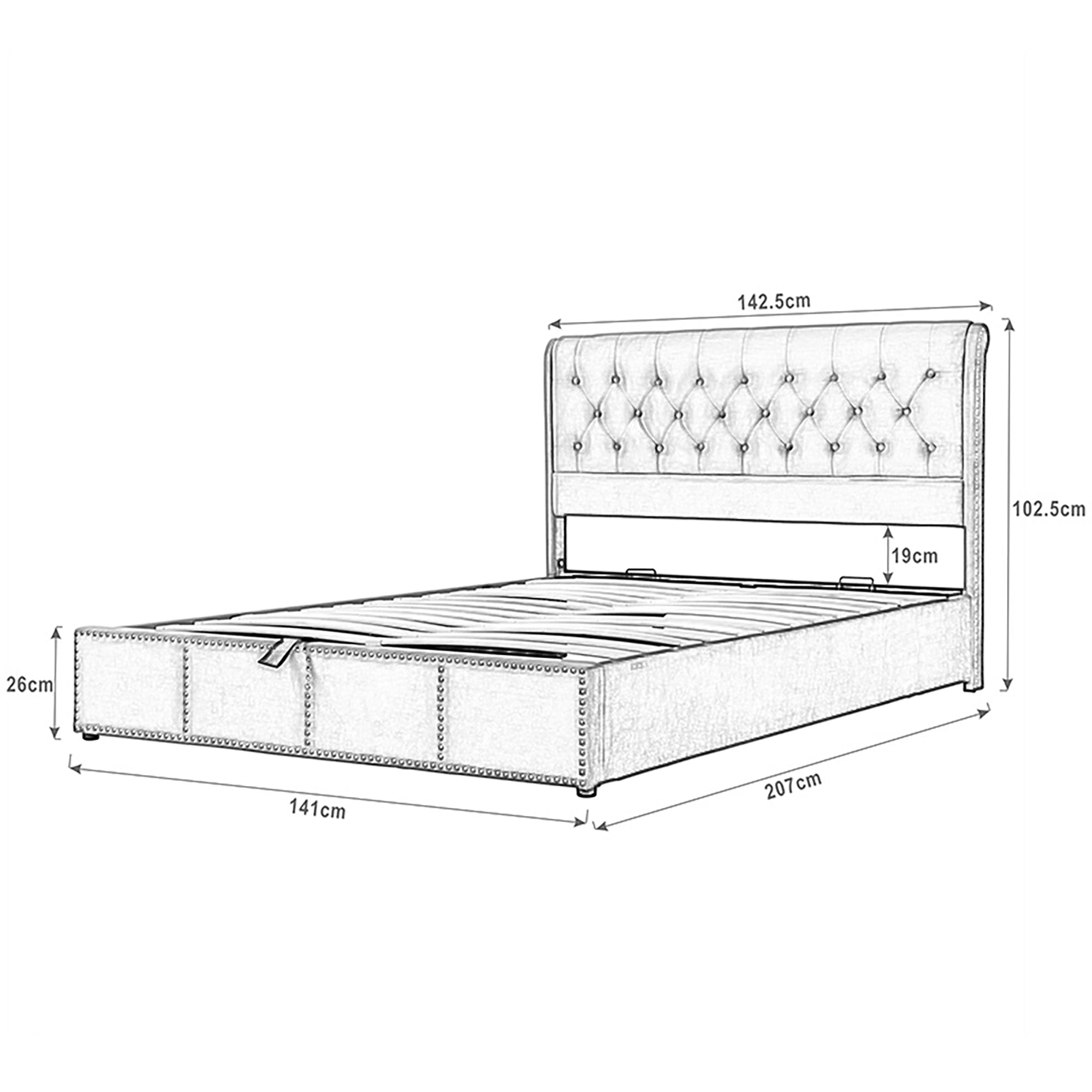 Logidon gestoffeerd bed met hydraulische opbergruimte 140x200 grijs