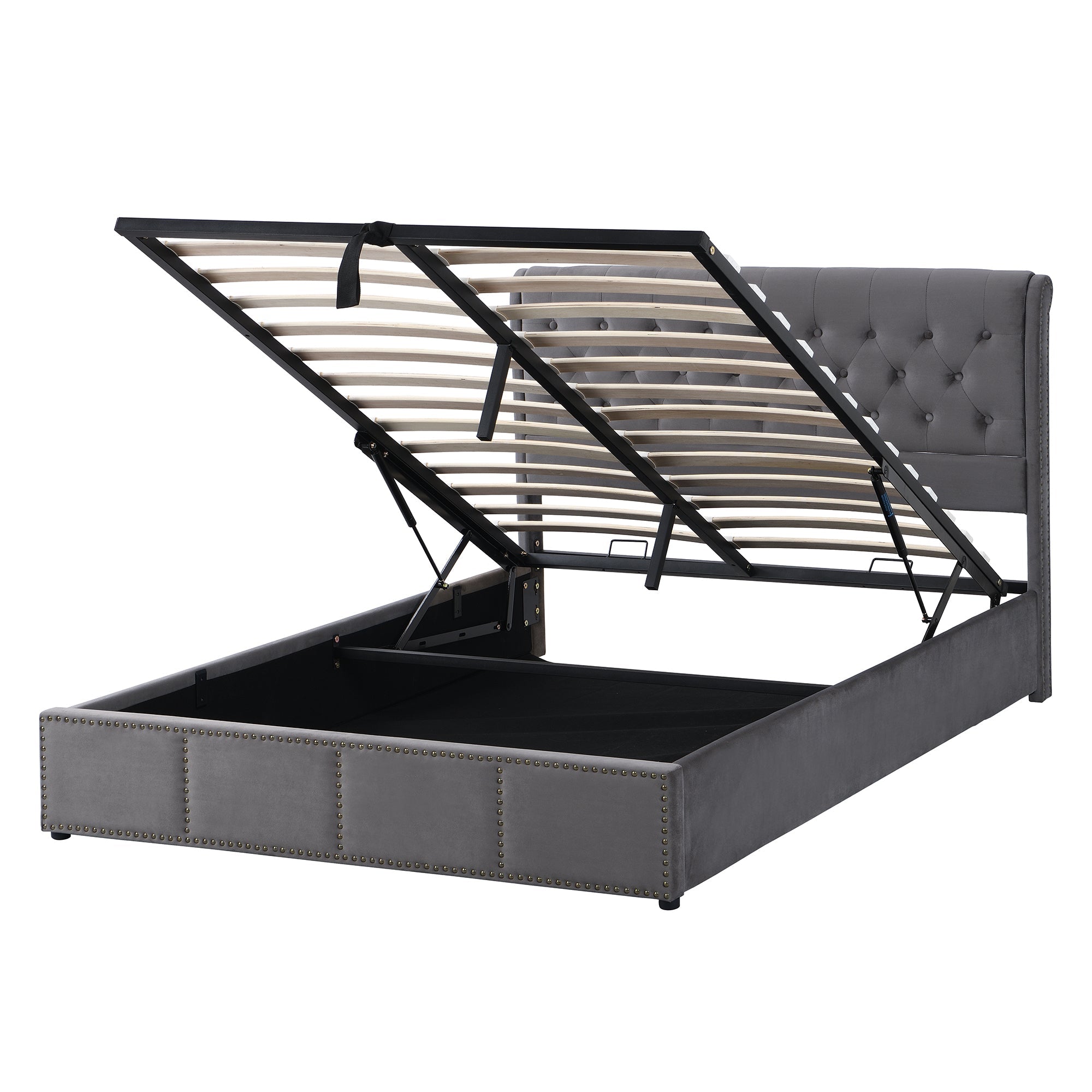 Logidon gestoffeerd bed 140x190 cm met hydraulische hendel grijs fluwelen klinknageldecoratie