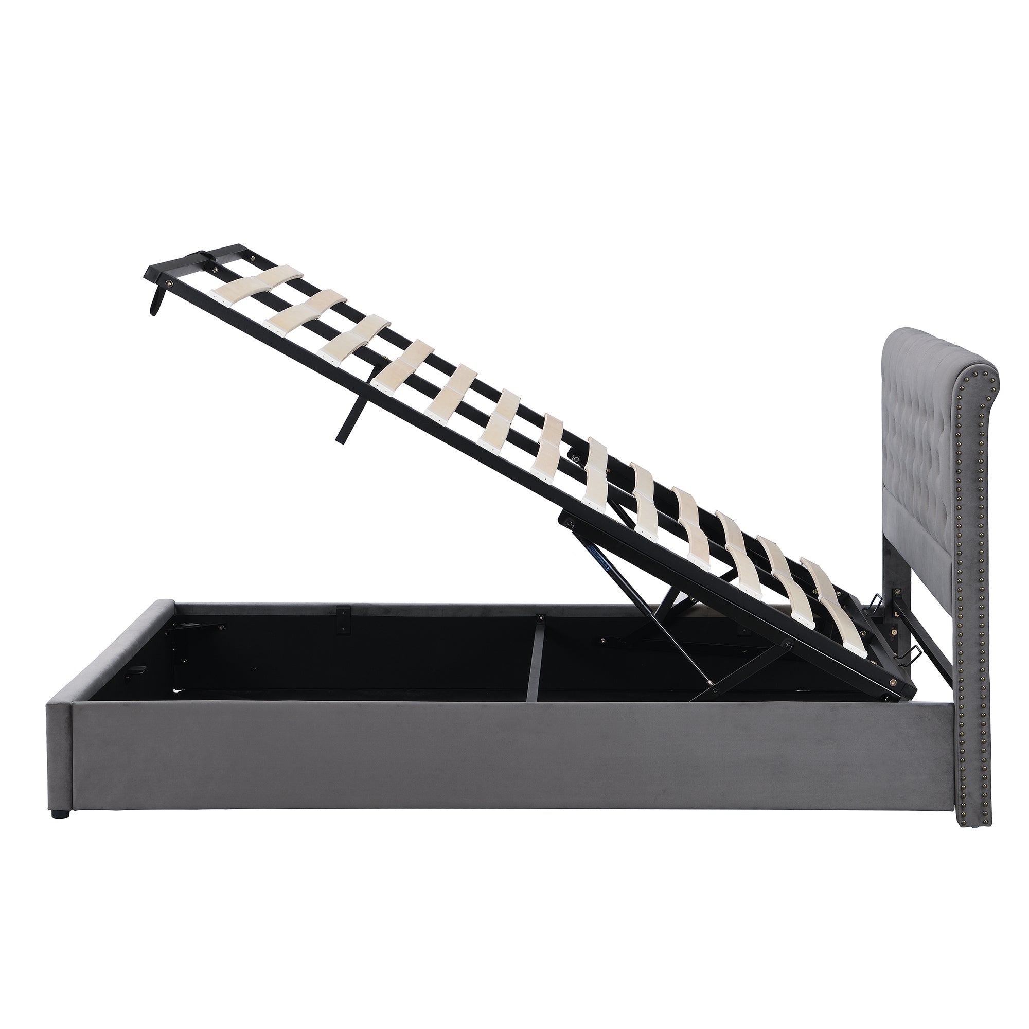 Logidon gestoffeerd bed 140x190 cm met hydraulische hendel grijs fluwelen klinknageldecoratie