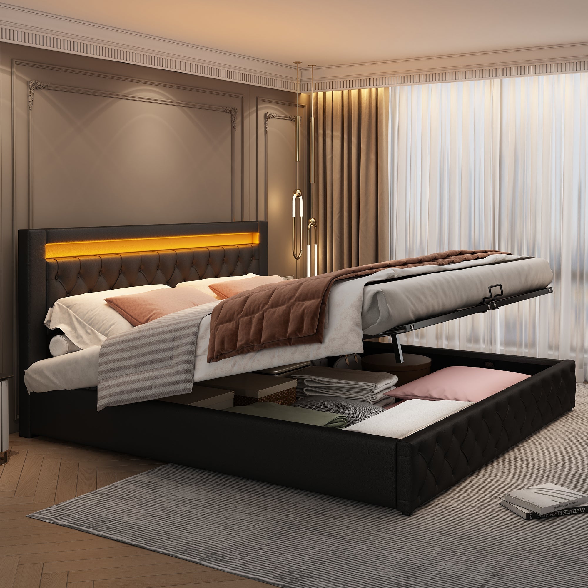 Logidon gestoffeerd bed 180 x 200 cm zwart PU met opbergruimte LED