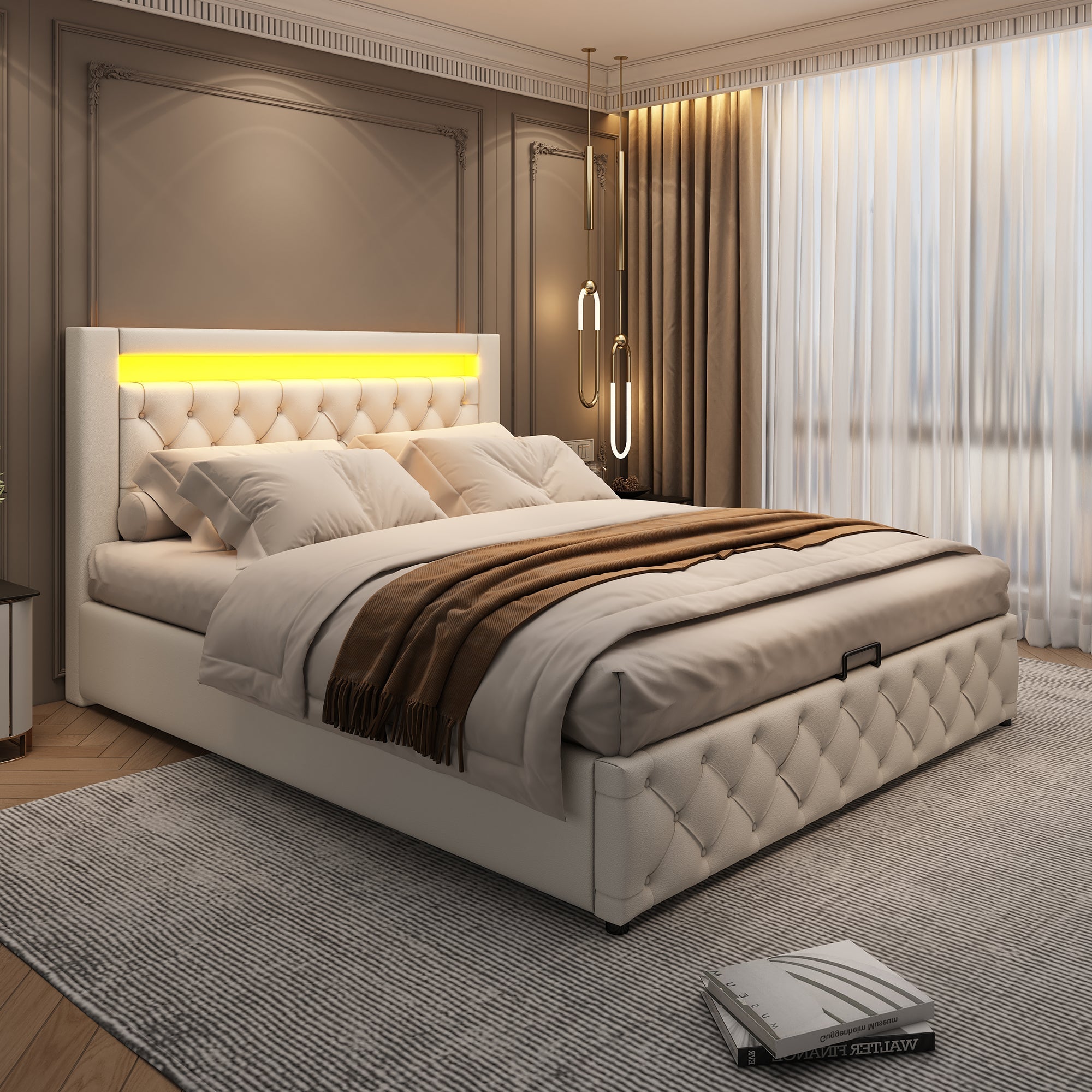 Logidon gestoffeerd bed 140x200 wit PU met lattenbodem LED verlichting opbergruimte