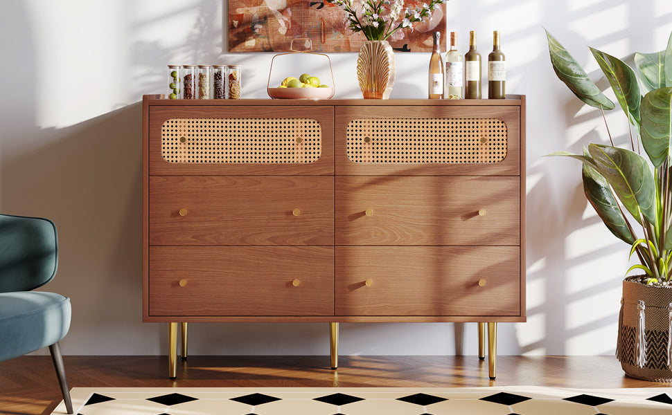 Logidon chest of drawers with 6 drawers walnut rattan front H90 W120 D40