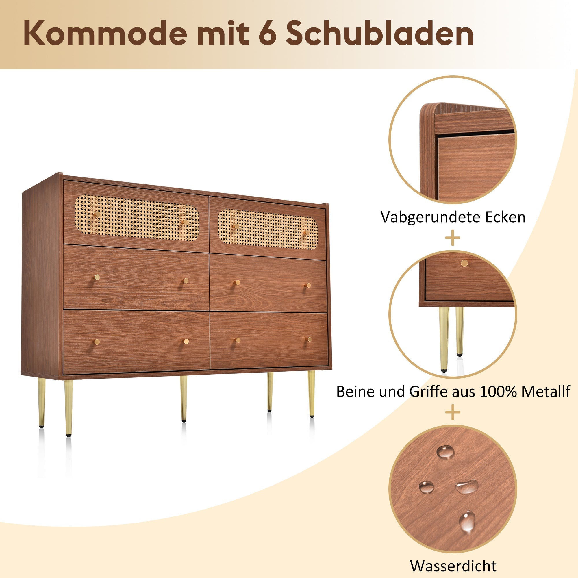 Logidon chest of drawers with 6 drawers walnut rattan front H90 W120 D40
