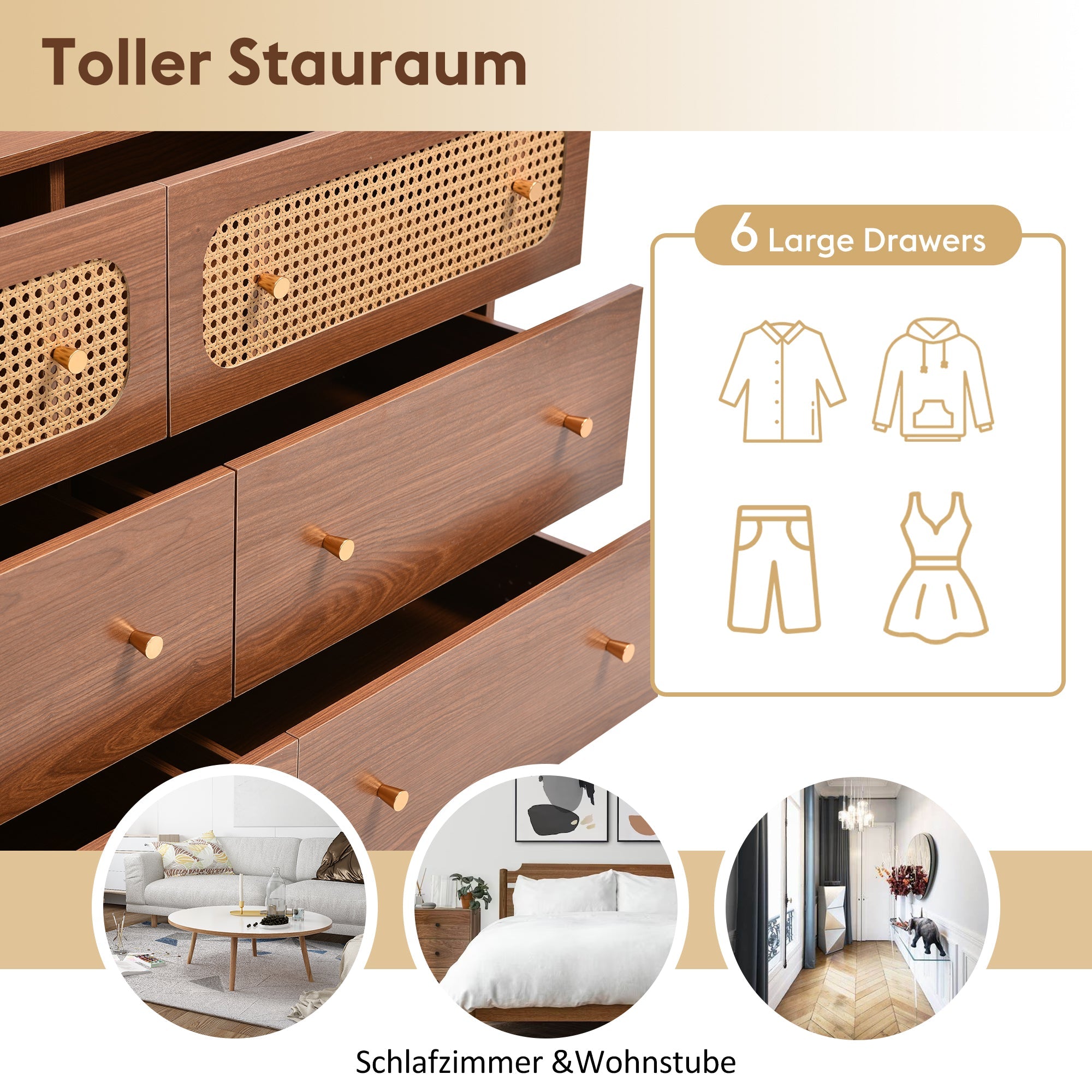 Logidon chest of drawers with 6 drawers walnut rattan front H90 W120 D40