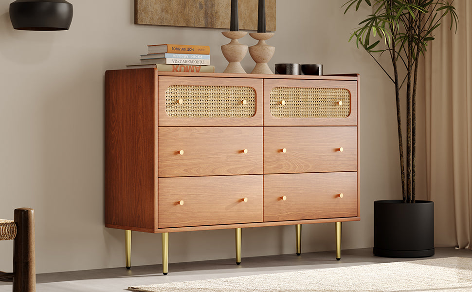 Logidon chest of drawers with 6 drawers walnut rattan front H90 W120 D40