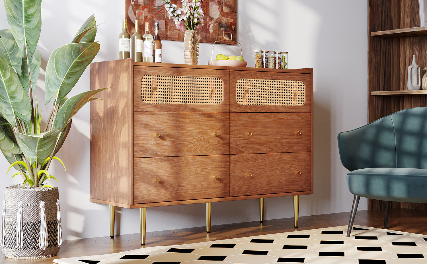 Logidon chest of drawers with 6 drawers walnut rattan front H90 W120 D40