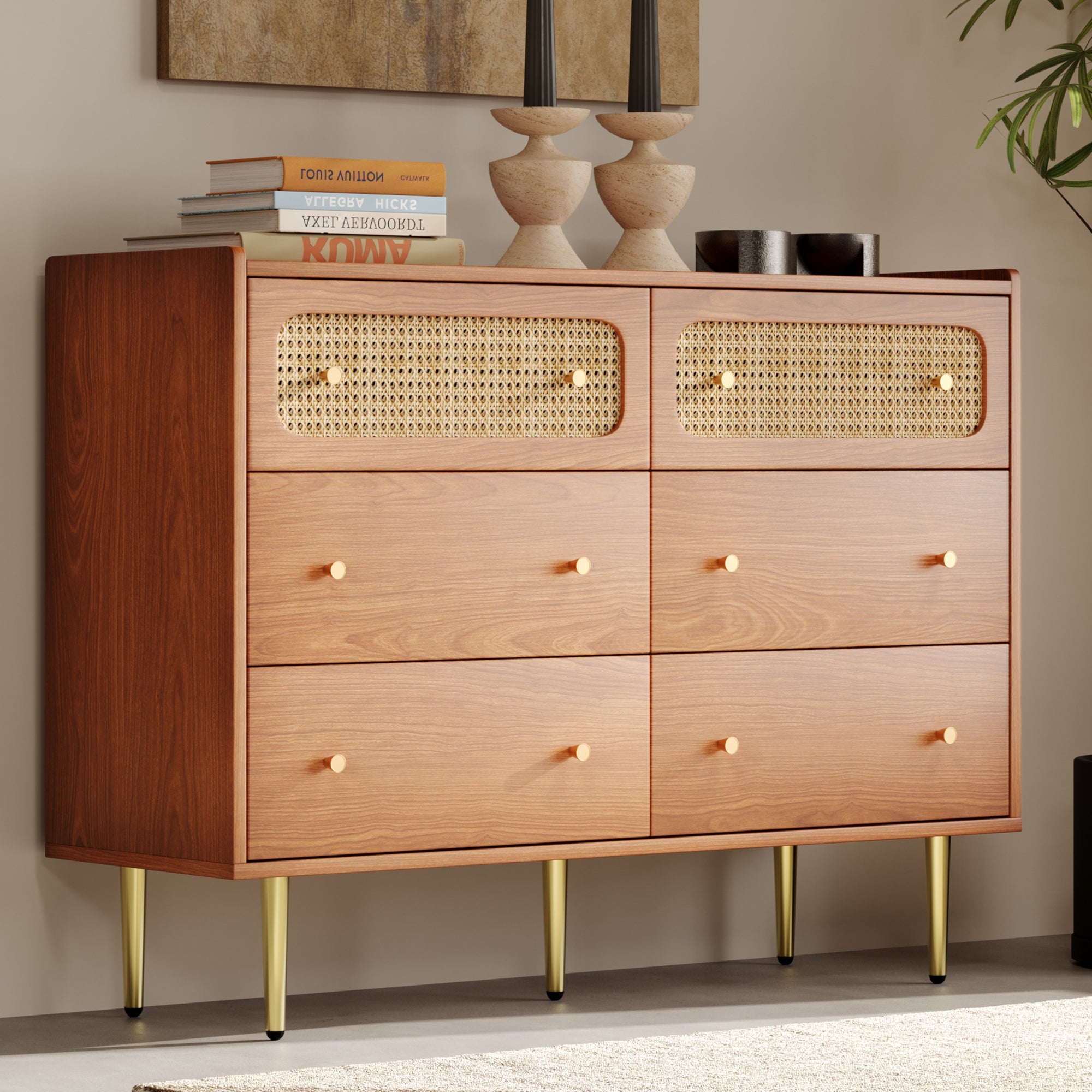 Logidon chest of drawers with 6 drawers walnut rattan front H90 W120 D40