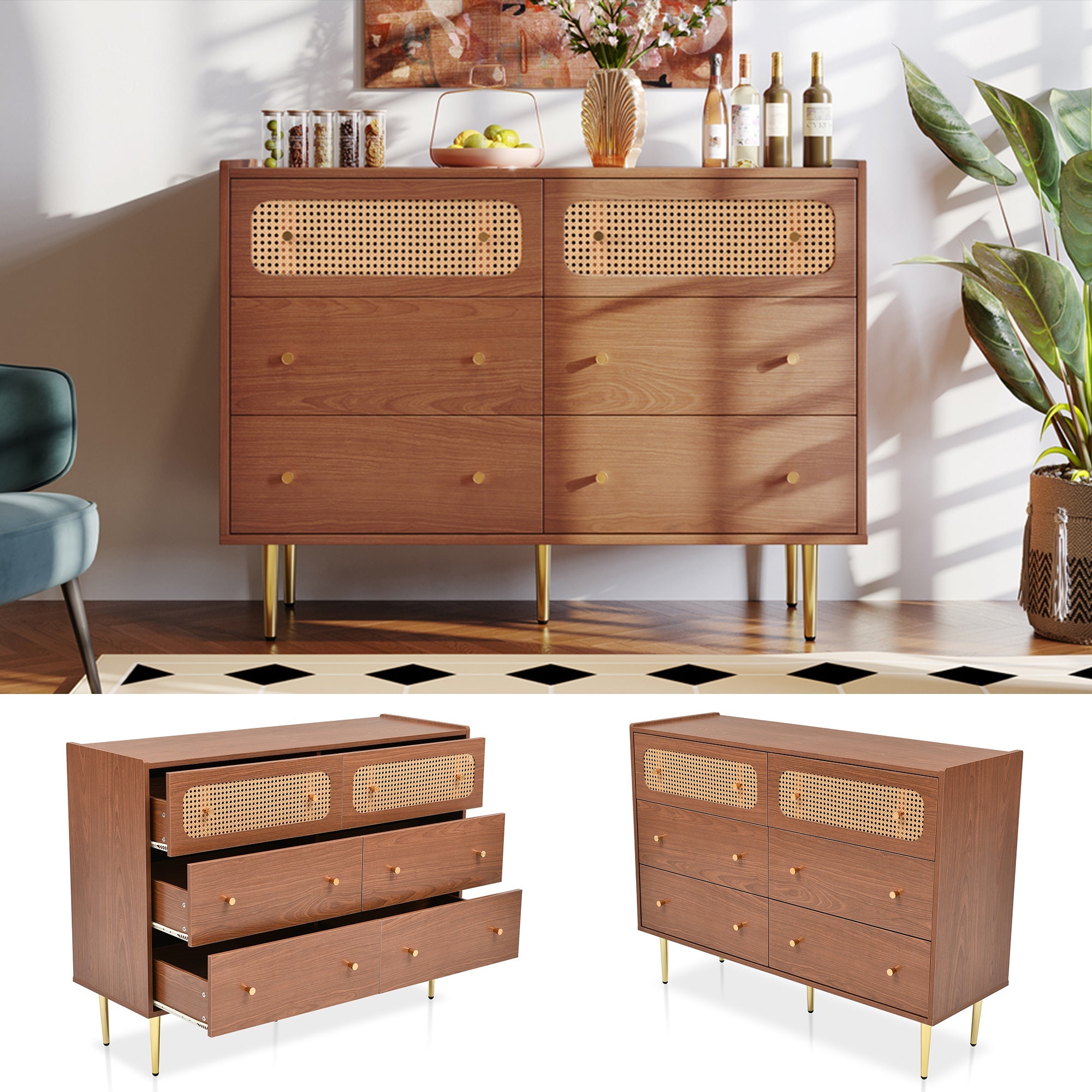 Logidon chest of drawers with 6 drawers walnut rattan front H90 W120 D40