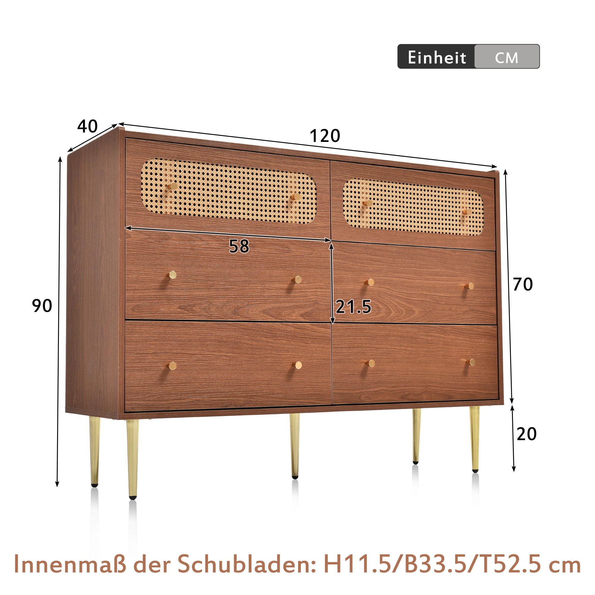 Logidon ladekast met 6 laden walnoot rotan front H90 B120 D40