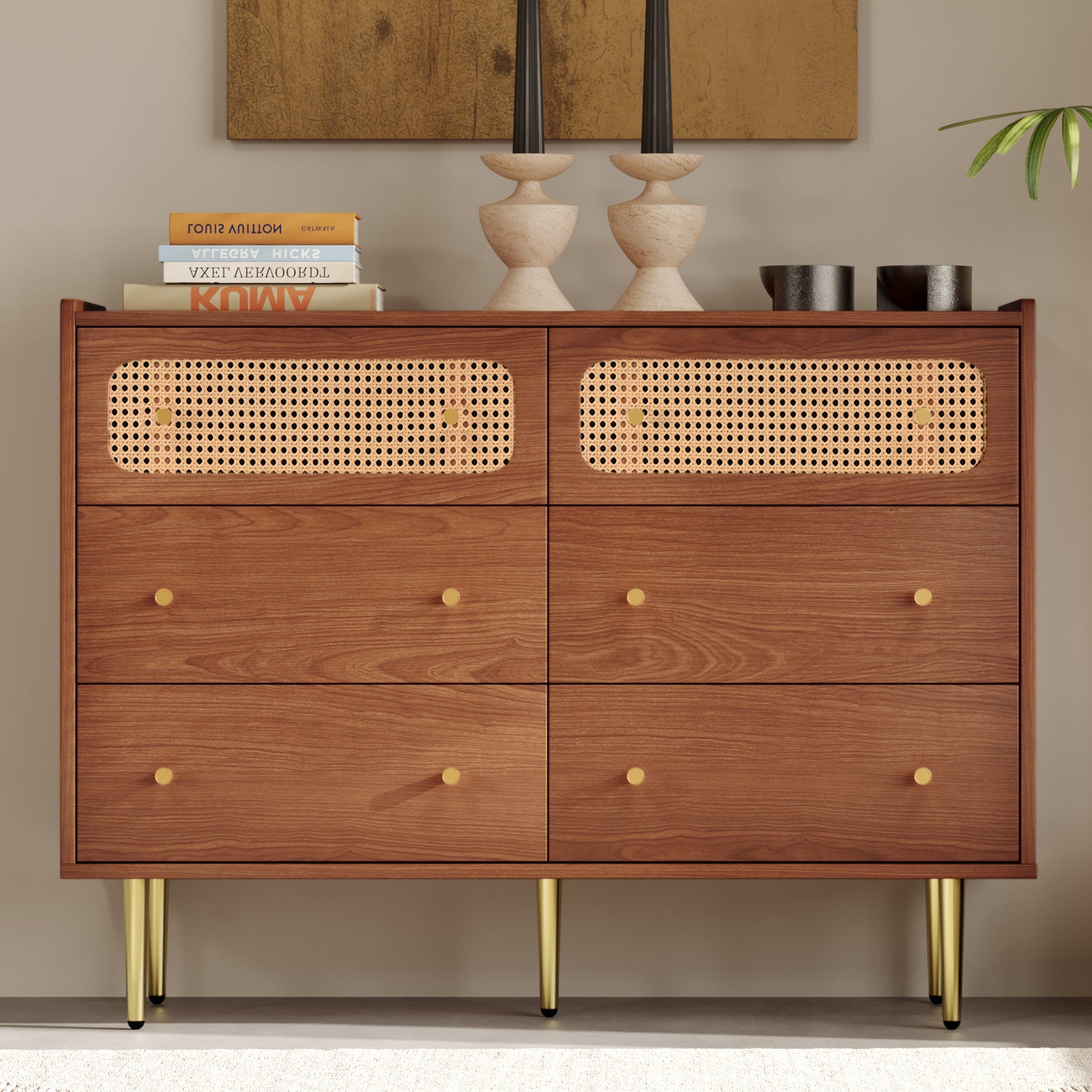 Logidon chest of drawers with 6 drawers walnut rattan front H90 W120 D40