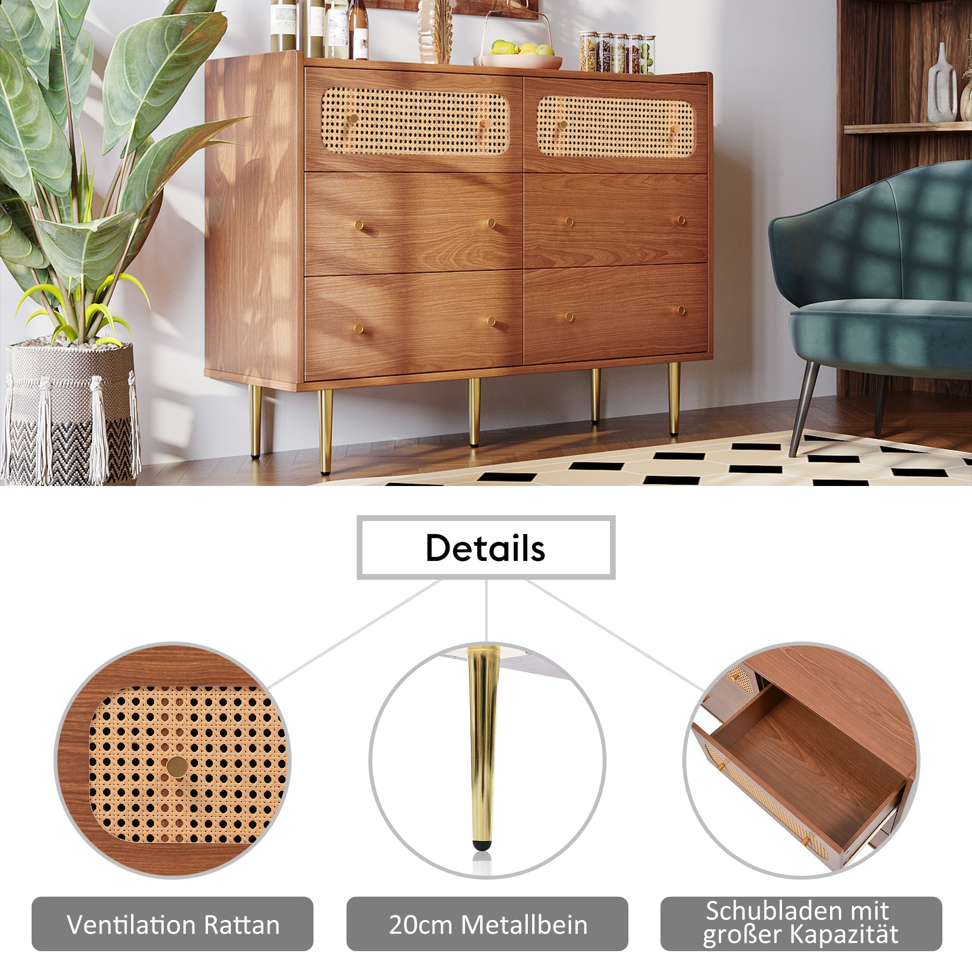 Logidon chest of drawers with 6 drawers walnut rattan front H90 W120 D40