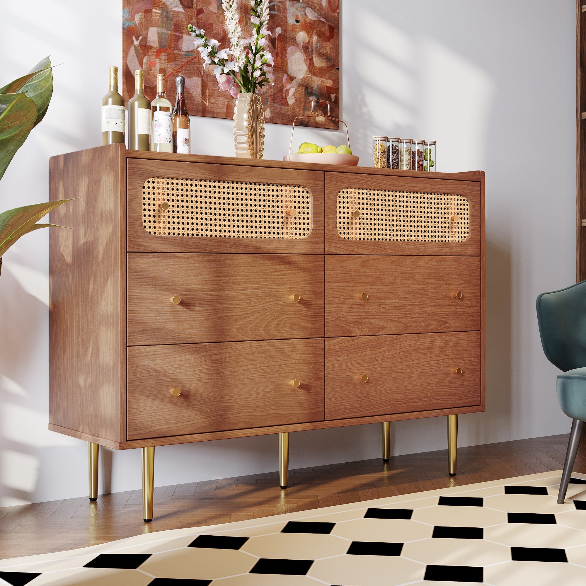Logidon chest of drawers with 6 drawers walnut rattan front H90 W120 D40