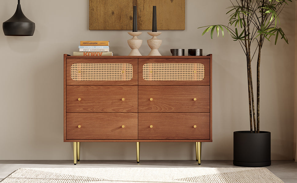 Logidon chest of drawers with 6 drawers walnut rattan front H90 W120 D40