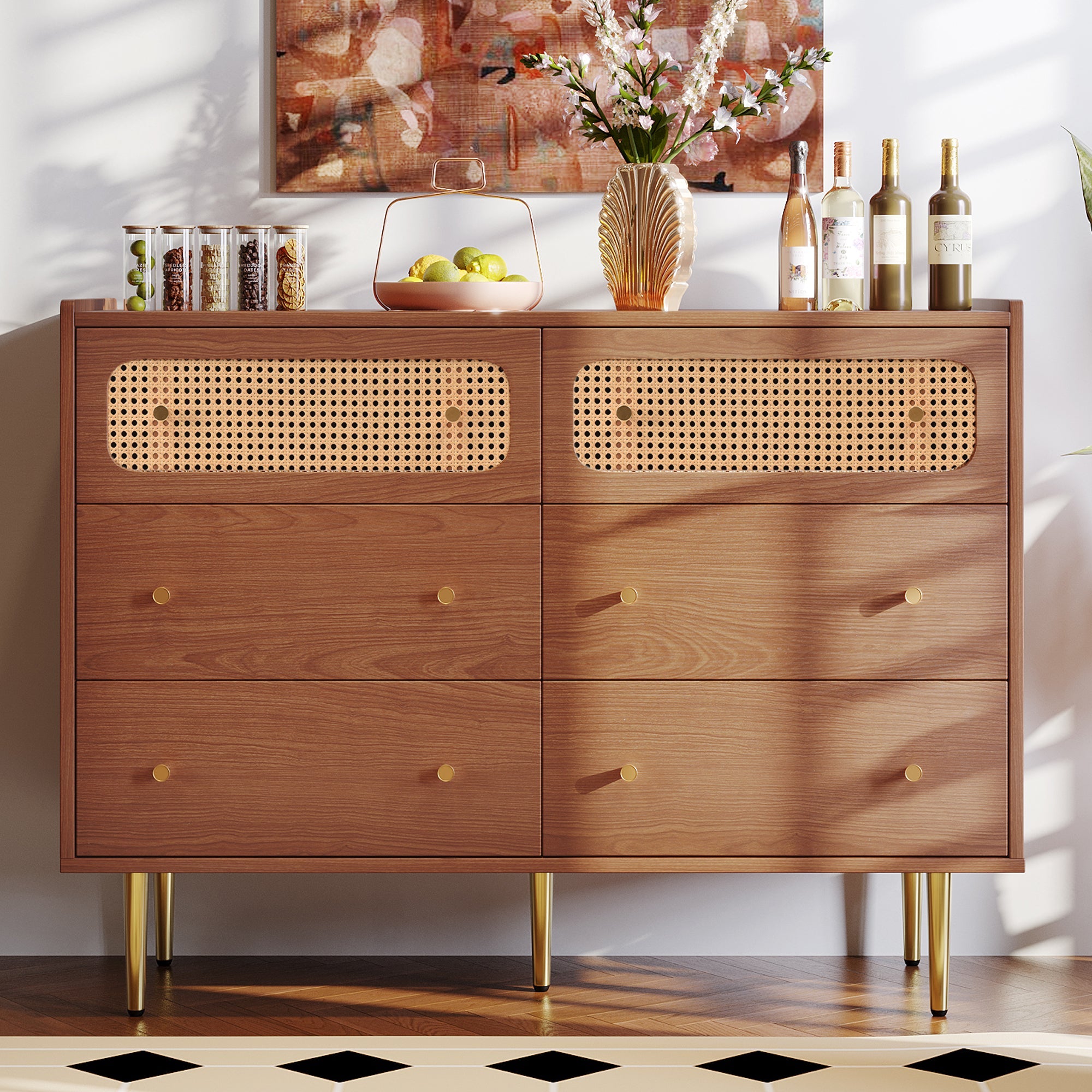 Logidon chest of drawers with 6 drawers walnut rattan front H90 W120 D40