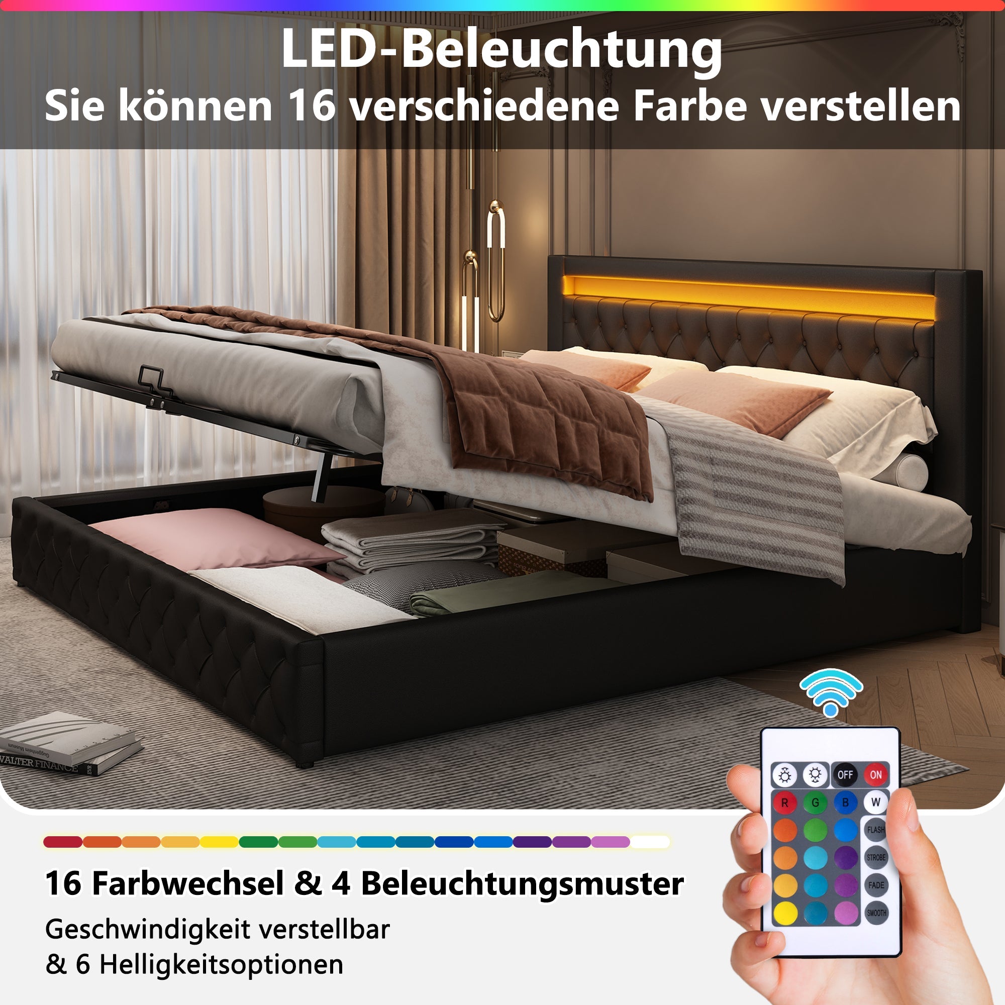 Logidon gestoffeerd bed 180 x 200 cm zwart PU met opbergruimte LED