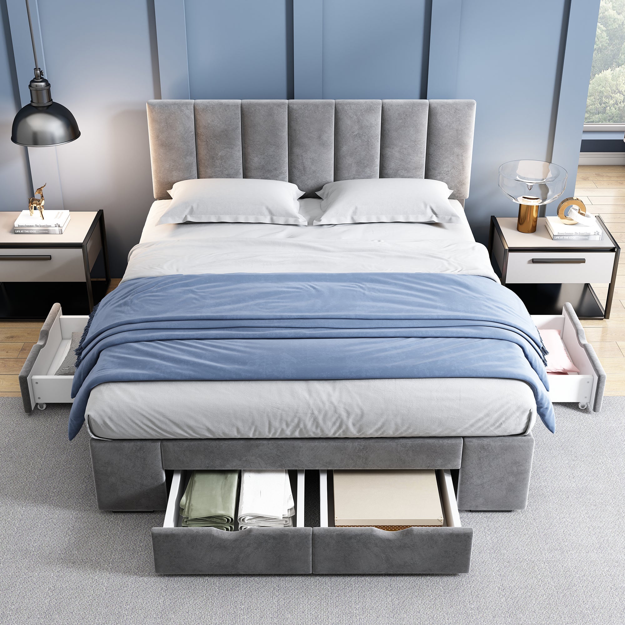 Logidon gestoffeerd bed 140x200 cm fluweelgrijs met lattenbodem 4 lades
