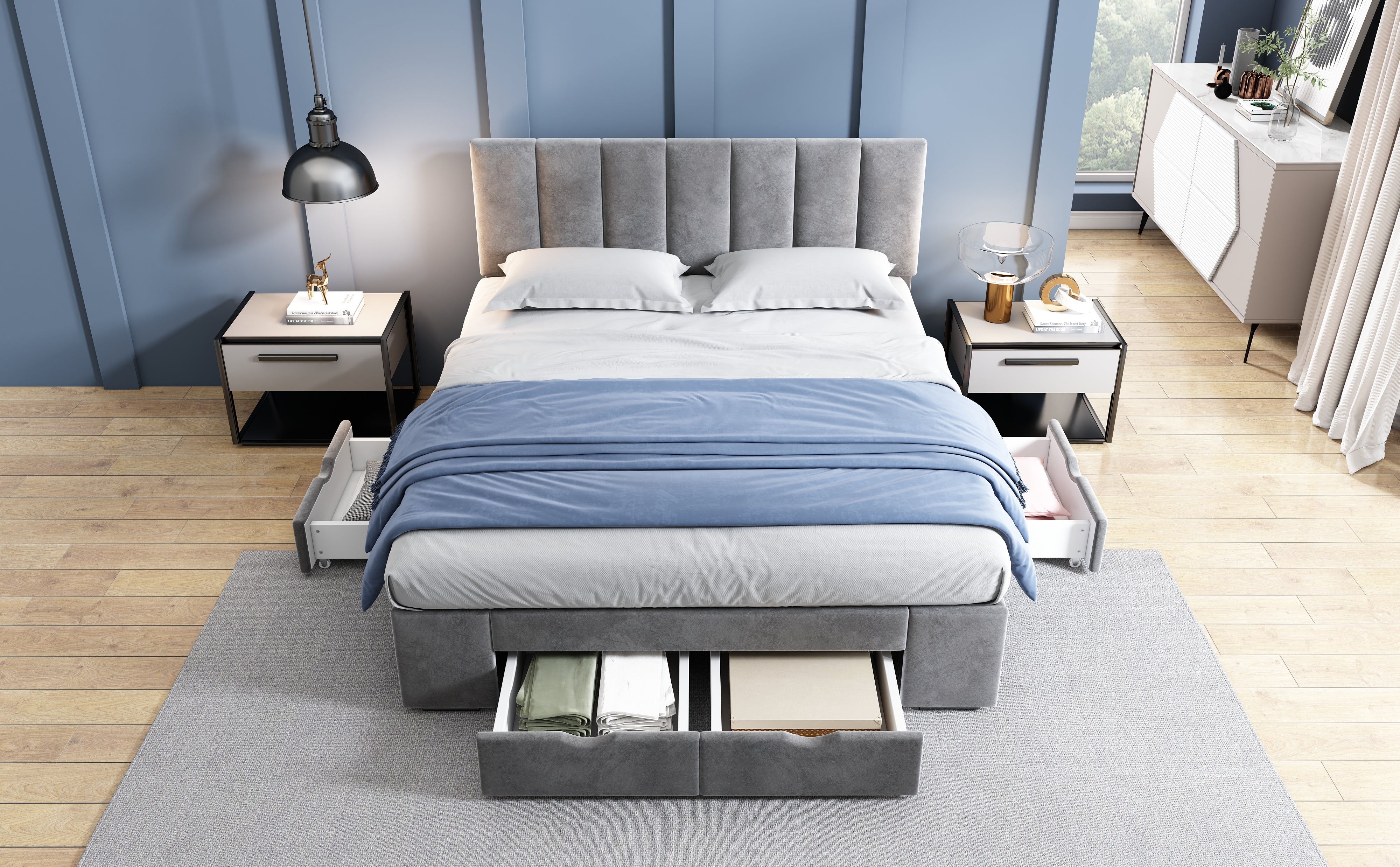 Logidon gestoffeerd bed 140x200 cm fluweelgrijs met lattenbodem 4 lades