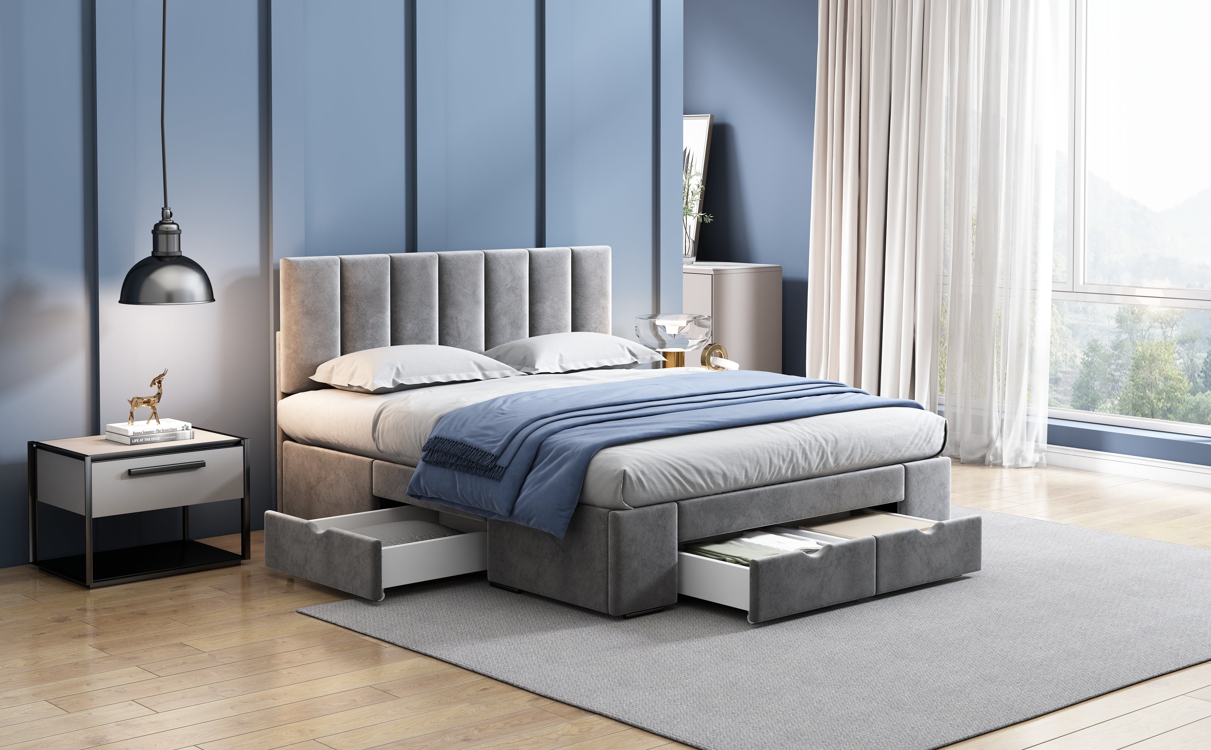 Logidon gestoffeerd bed 140x200 cm fluweelgrijs met lattenbodem 4 lades
