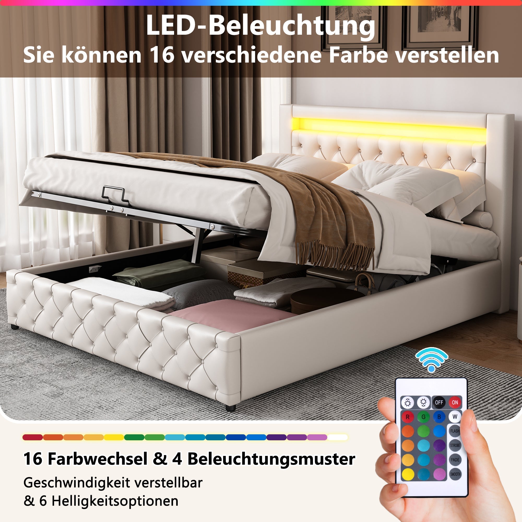 Logidon gestoffeerd bed 140x200 wit PU met lattenbodem LED verlichting opbergruimte