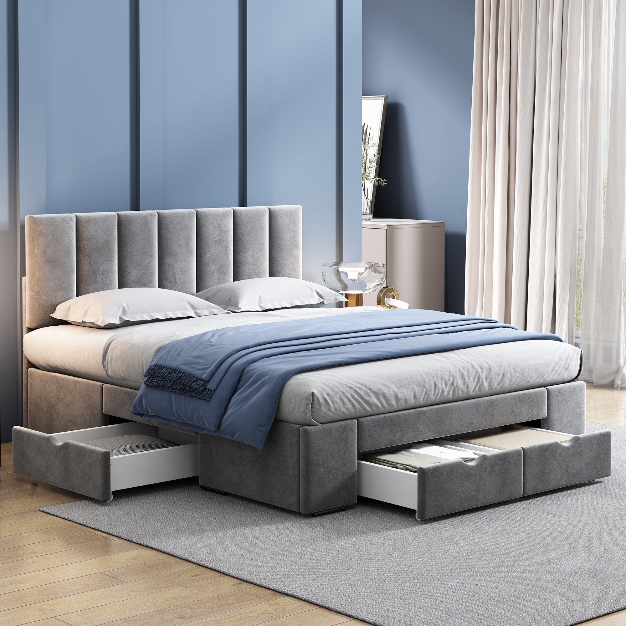 Logidon gestoffeerd bed 140x200 cm fluweelgrijs met lattenbodem 4 lades