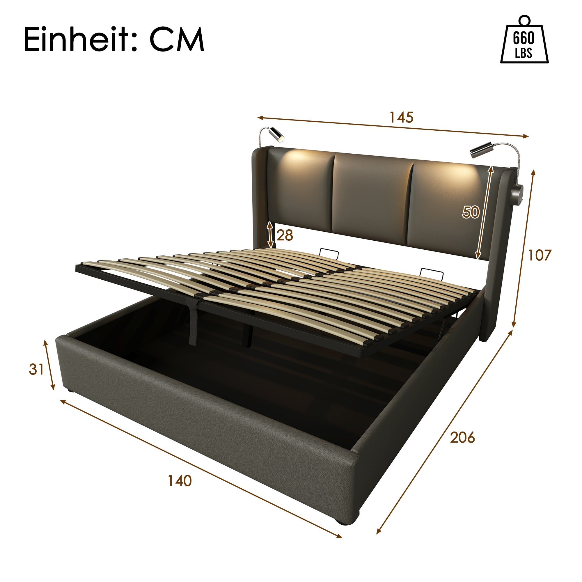 Logidon gestoffeerd bed 140x200 tweepersoonsbed opbergruimte USB oplaadfunctie grijs