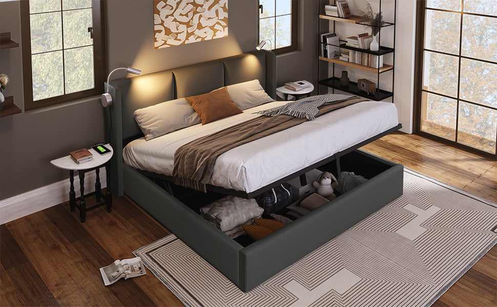 Logidon upholstered bed 140x200 double bed storage space USB charging function gray