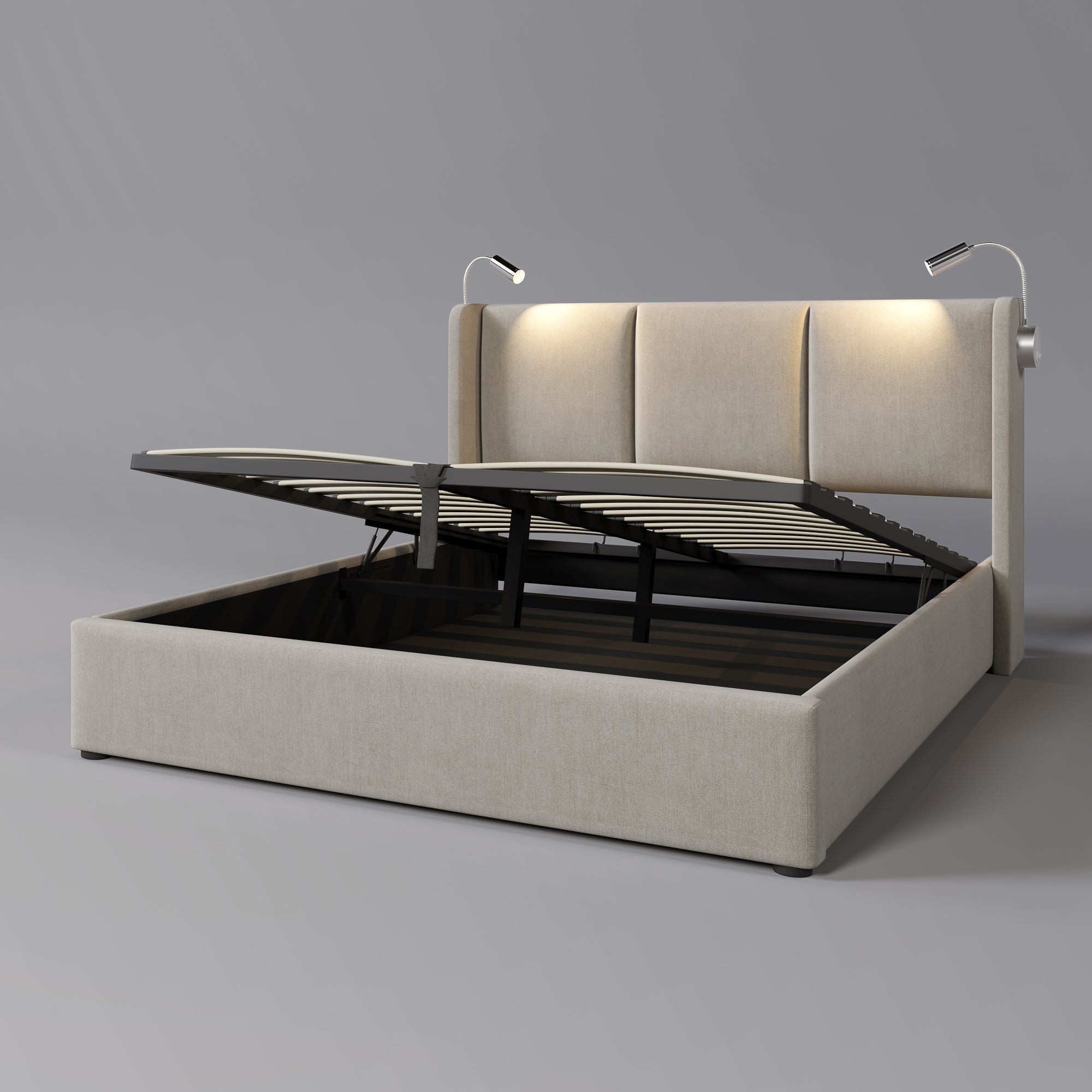 Logidon gestoffeerd bed 140x200 beige linnen opbergruimte met USB leeslampje