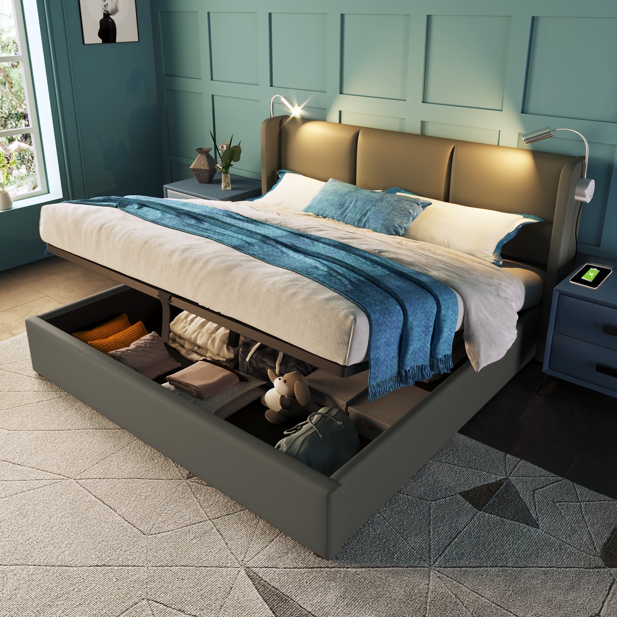 Logidon gestoffeerd bed 140x200 grijs opbergruimte USB oplaadfunctie leeslampje