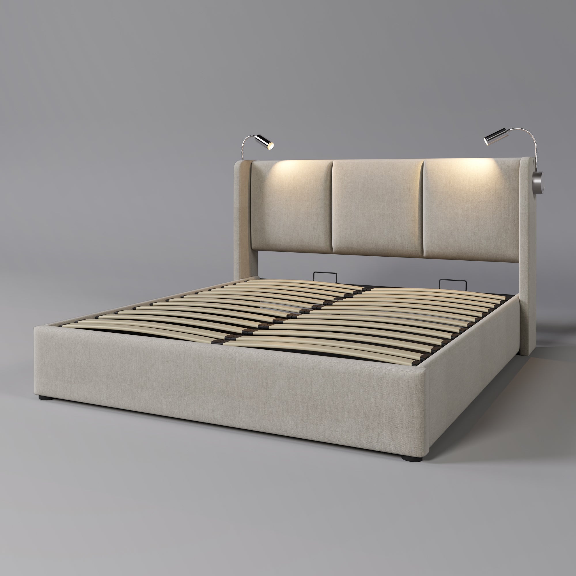 Logidon gestoffeerd bed 140x200 beige linnen opbergruimte met USB leeslampje