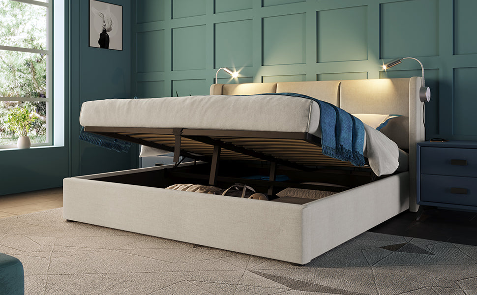 Logidon gestoffeerd bed 140x200 beige linnen opbergruimte met USB leeslampje