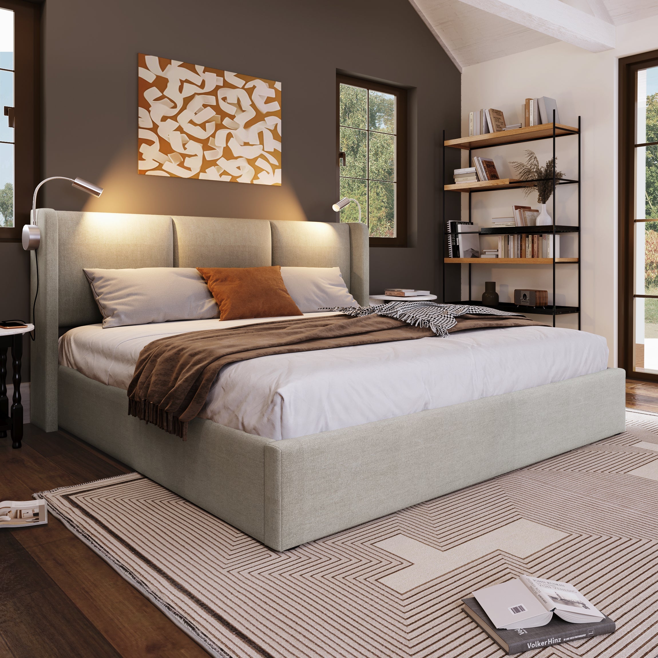 Logidon gestoffeerd bed 140x200 beige linnen opbergruimte met USB leeslampje