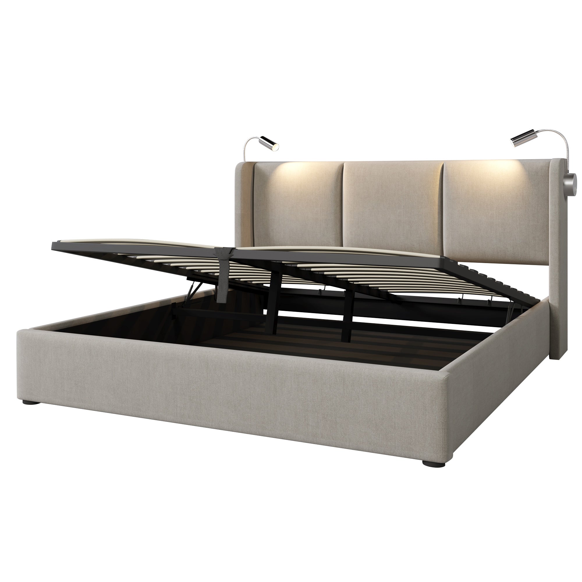 Logidon gestoffeerd bed 140x200 beige met opbergruimte USB oplaadfunctie