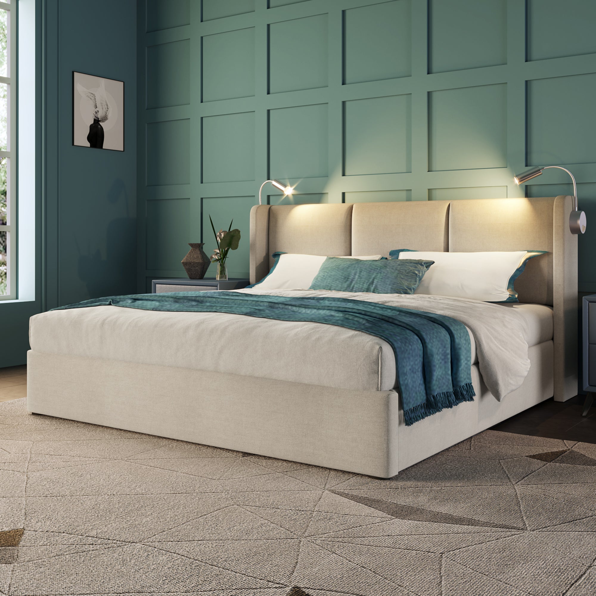 Logidon gestoffeerd bed 140x200 beige met opbergruimte USB oplaadfunctie
