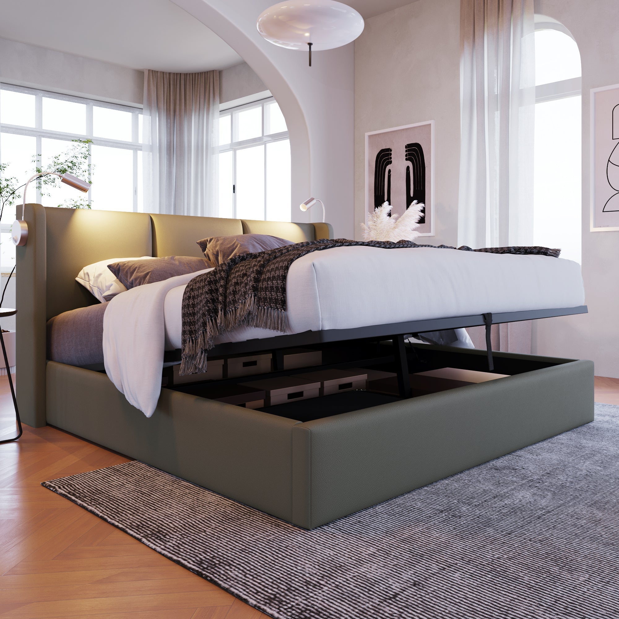 Logidon upholstered bed 160x200 with storage space, reading light charging function gray