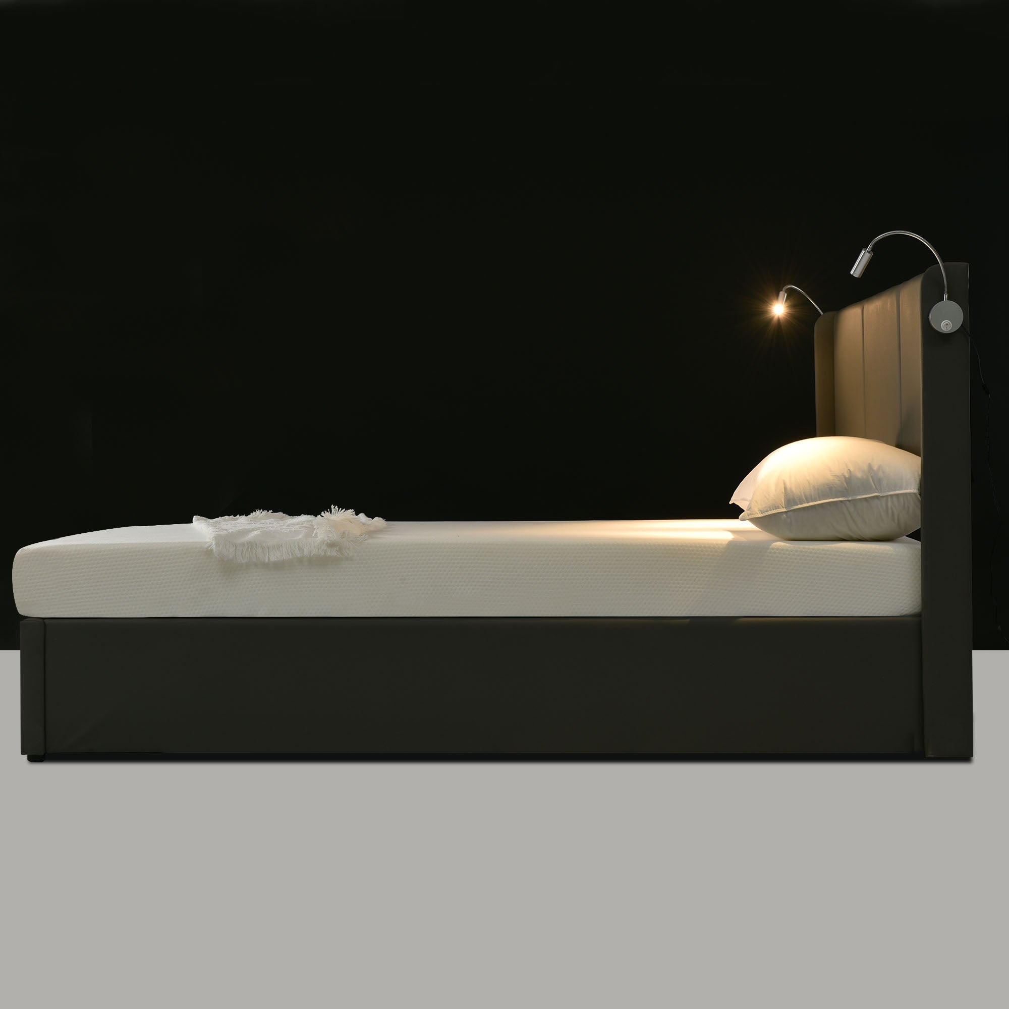 Logidon upholstered bed 160x200 with storage space, reading light charging function gray