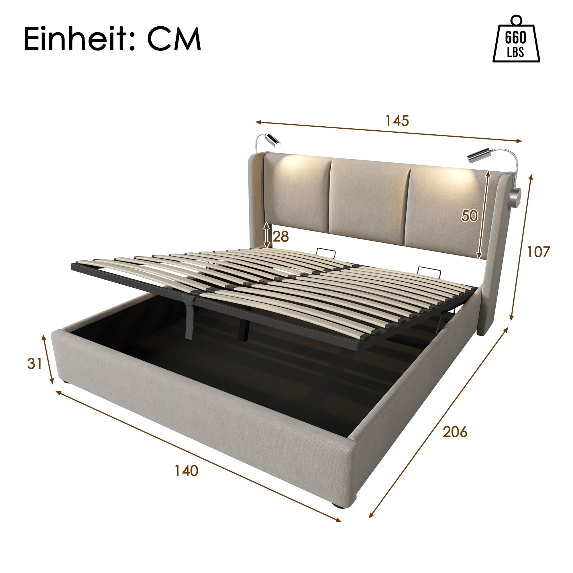 Logidon gestoffeerd bed 140x200 beige linnen opbergruimte met USB leeslampje