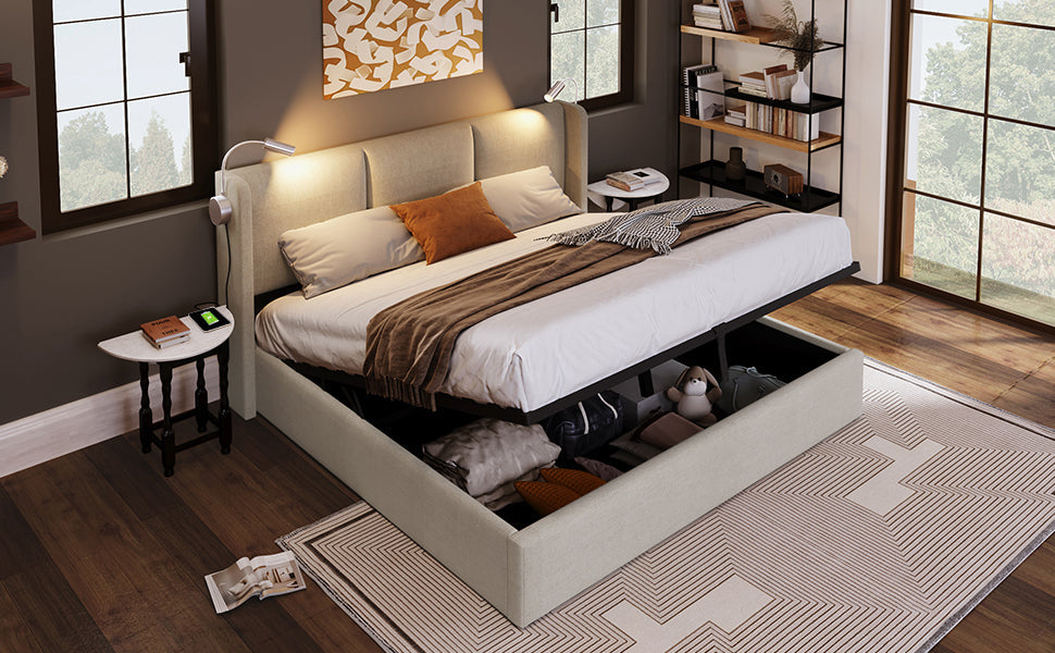 Logidon gestoffeerd bed 140x200 beige met opbergruimte USB oplaadfunctie