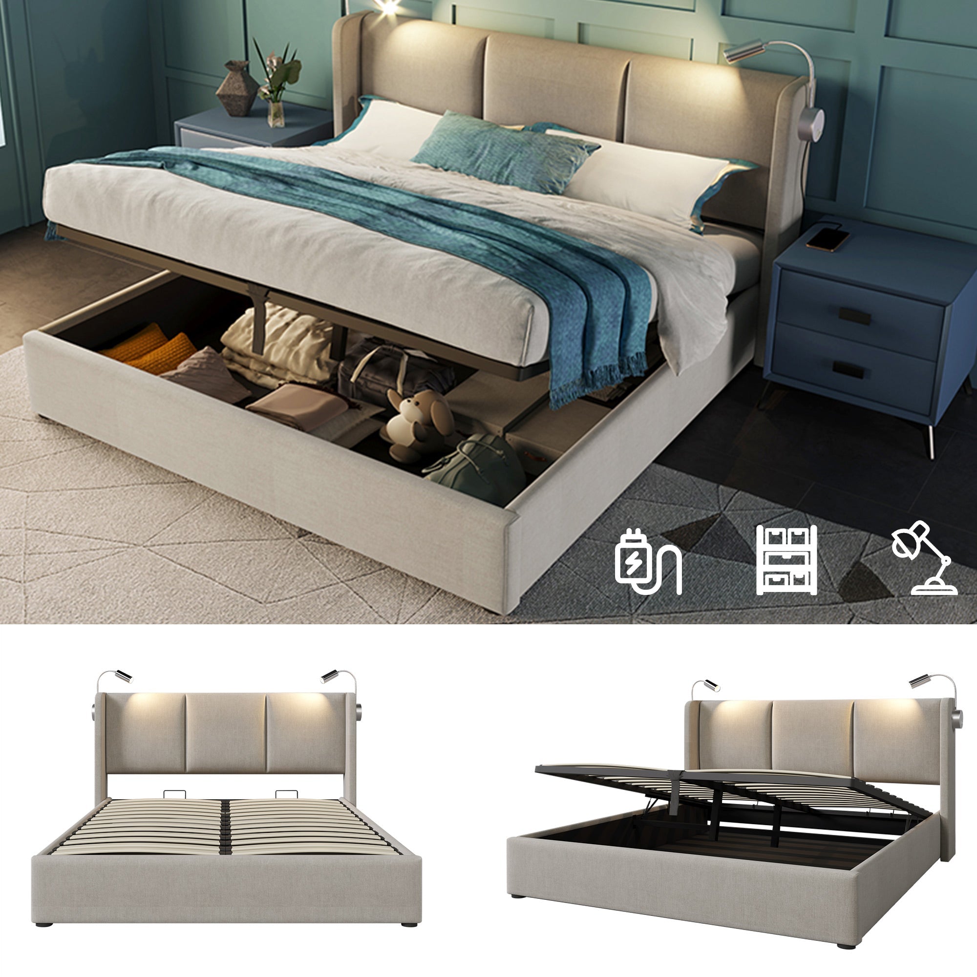Logidon gestoffeerd bed 140x200 beige linnen opbergruimte met USB leeslampje