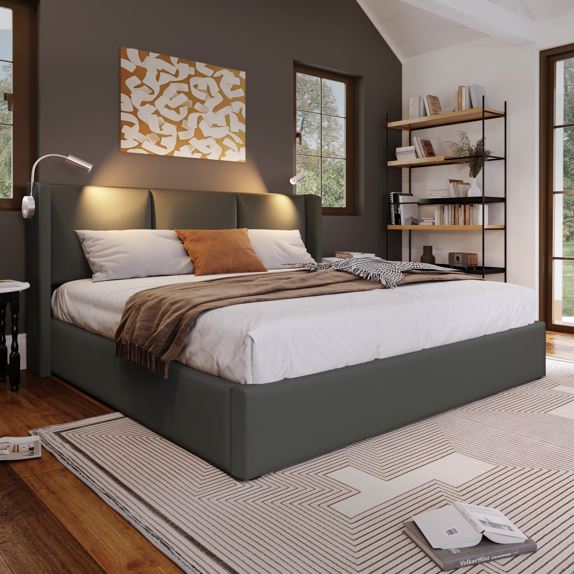 Logidon gestoffeerd bed 140x200 grijs opbergruimte USB oplaadfunctie leeslampje