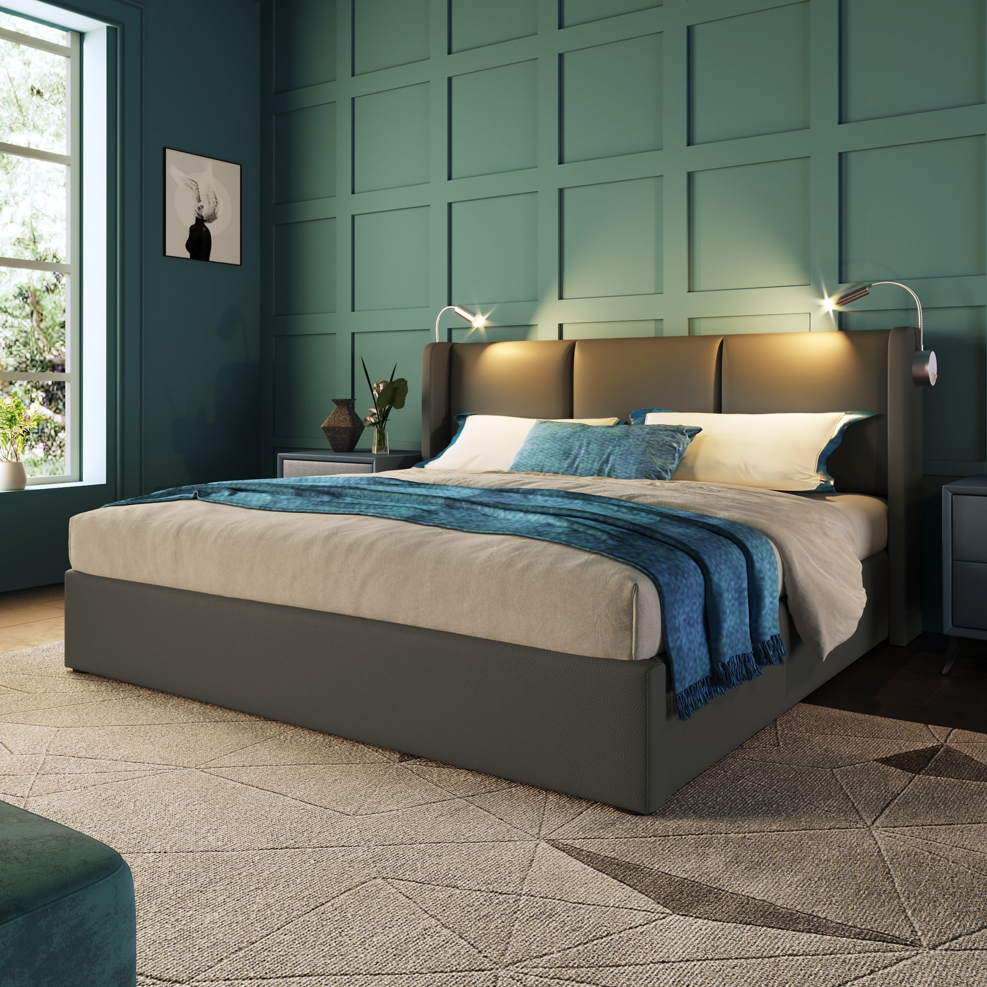 Logidon upholstered bed 140x200 double bed storage space USB charging function gray
