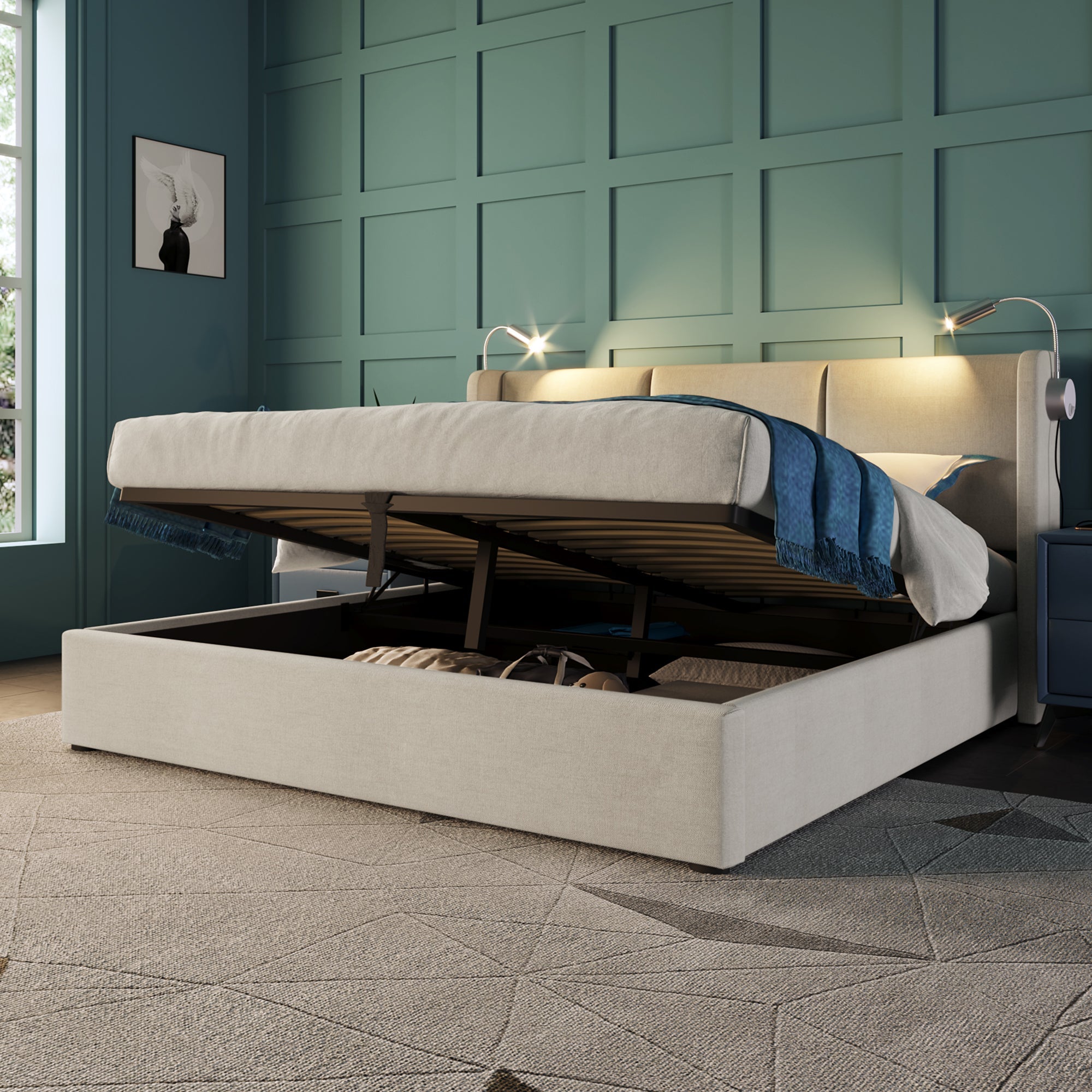 Logidon gestoffeerd bed 140x200 beige met opbergruimte USB oplaadfunctie