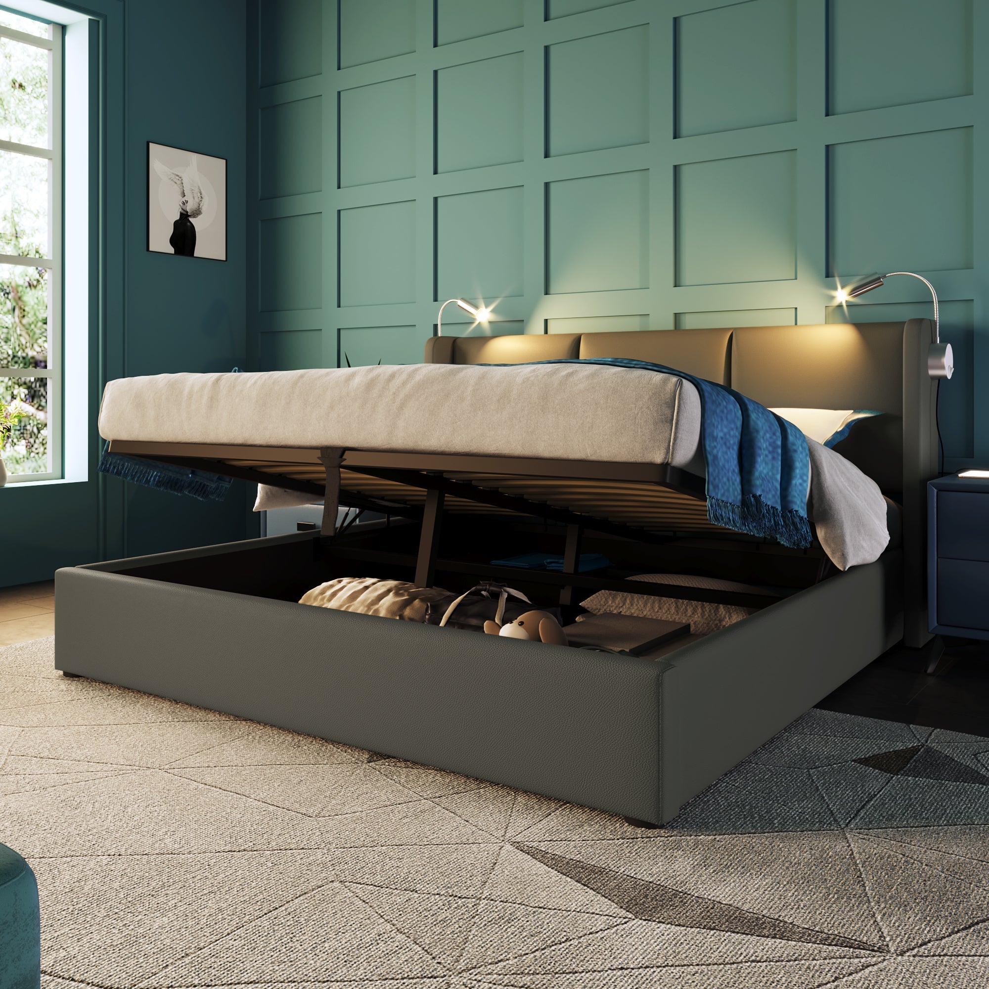 Logidon upholstered bed 160x200 with storage space, reading light charging function gray