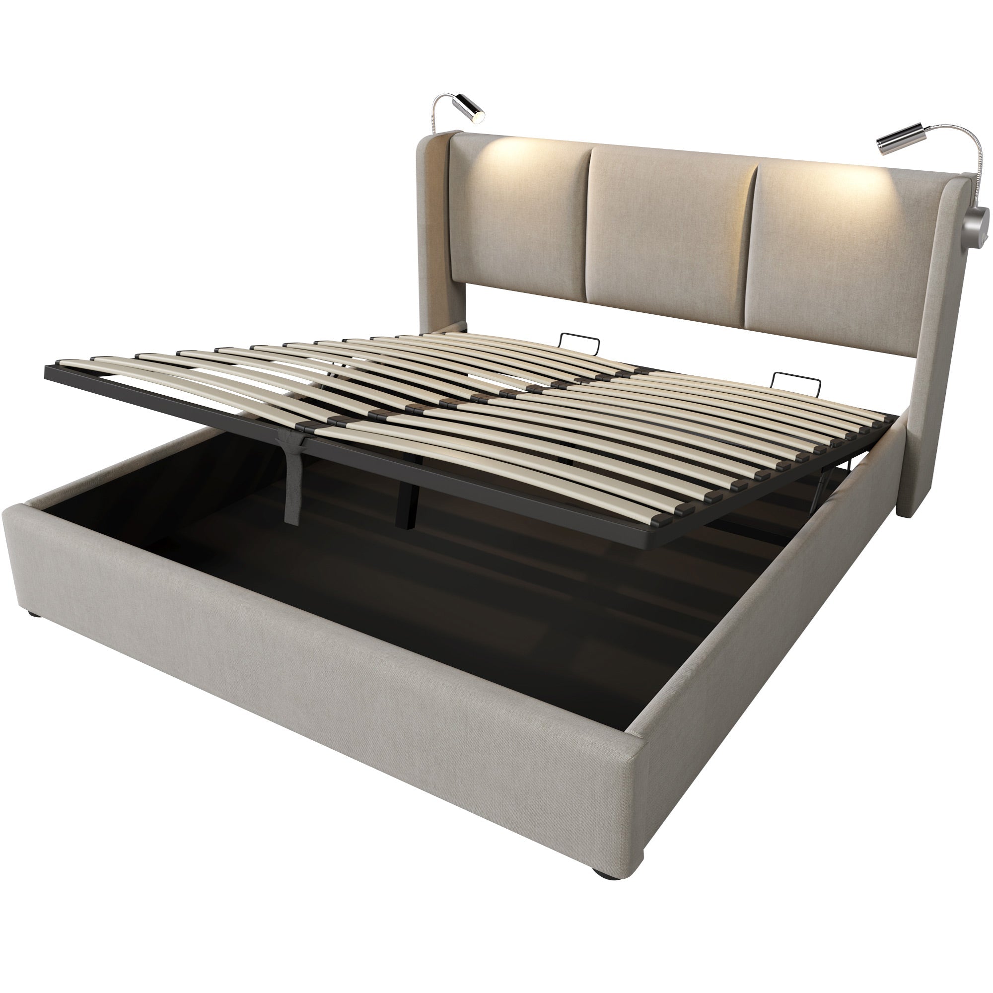 Logidon gestoffeerd bed 140x200 beige met opbergruimte USB oplaadfunctie