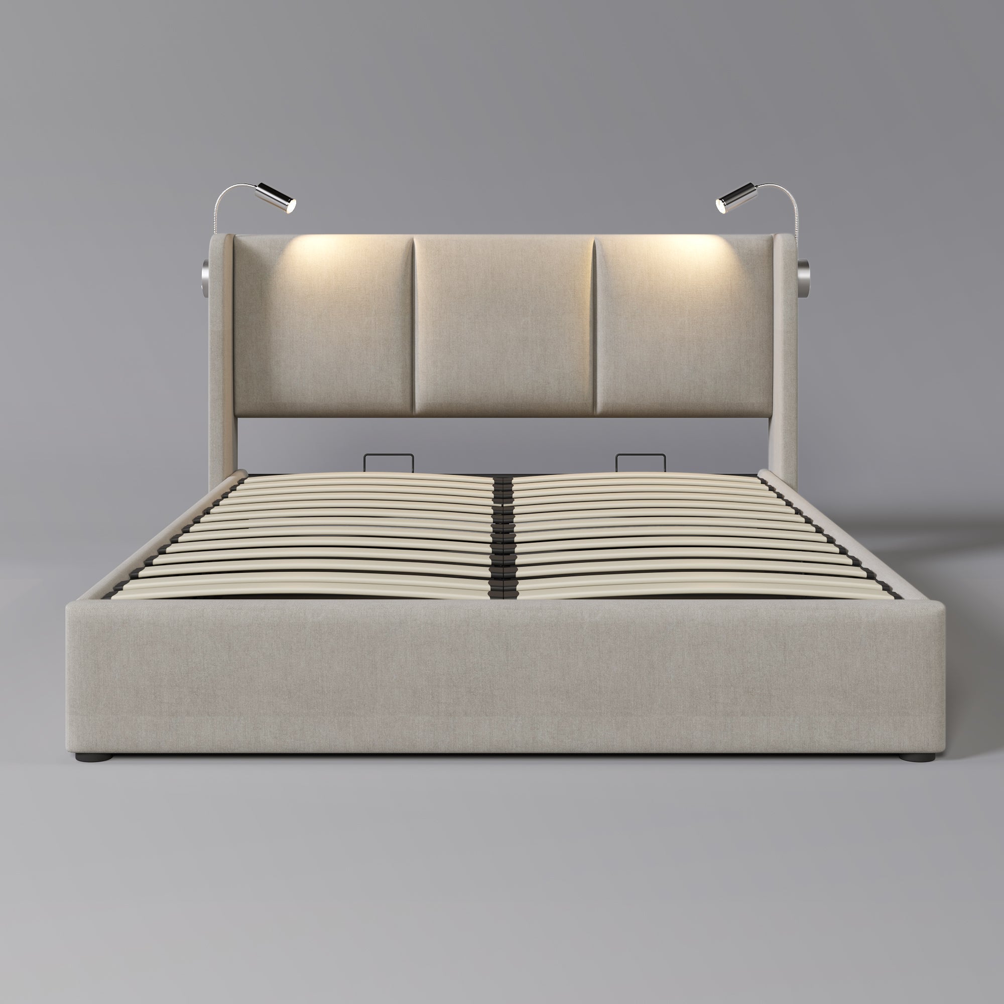 Logidon gestoffeerd bed 140x200 beige linnen opbergruimte met USB leeslampje