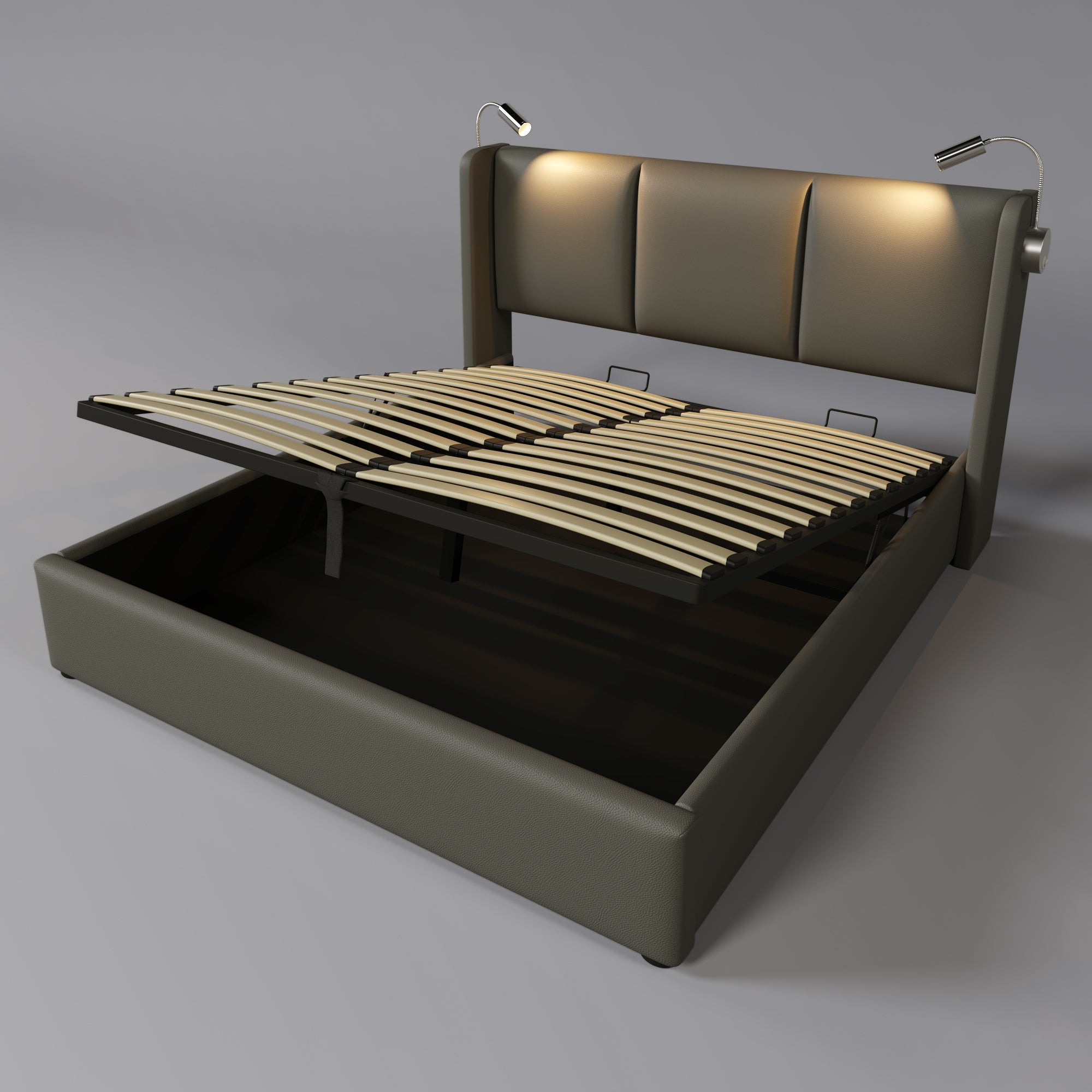 Logidon upholstered bed 160x200 with storage space, reading light charging function gray
