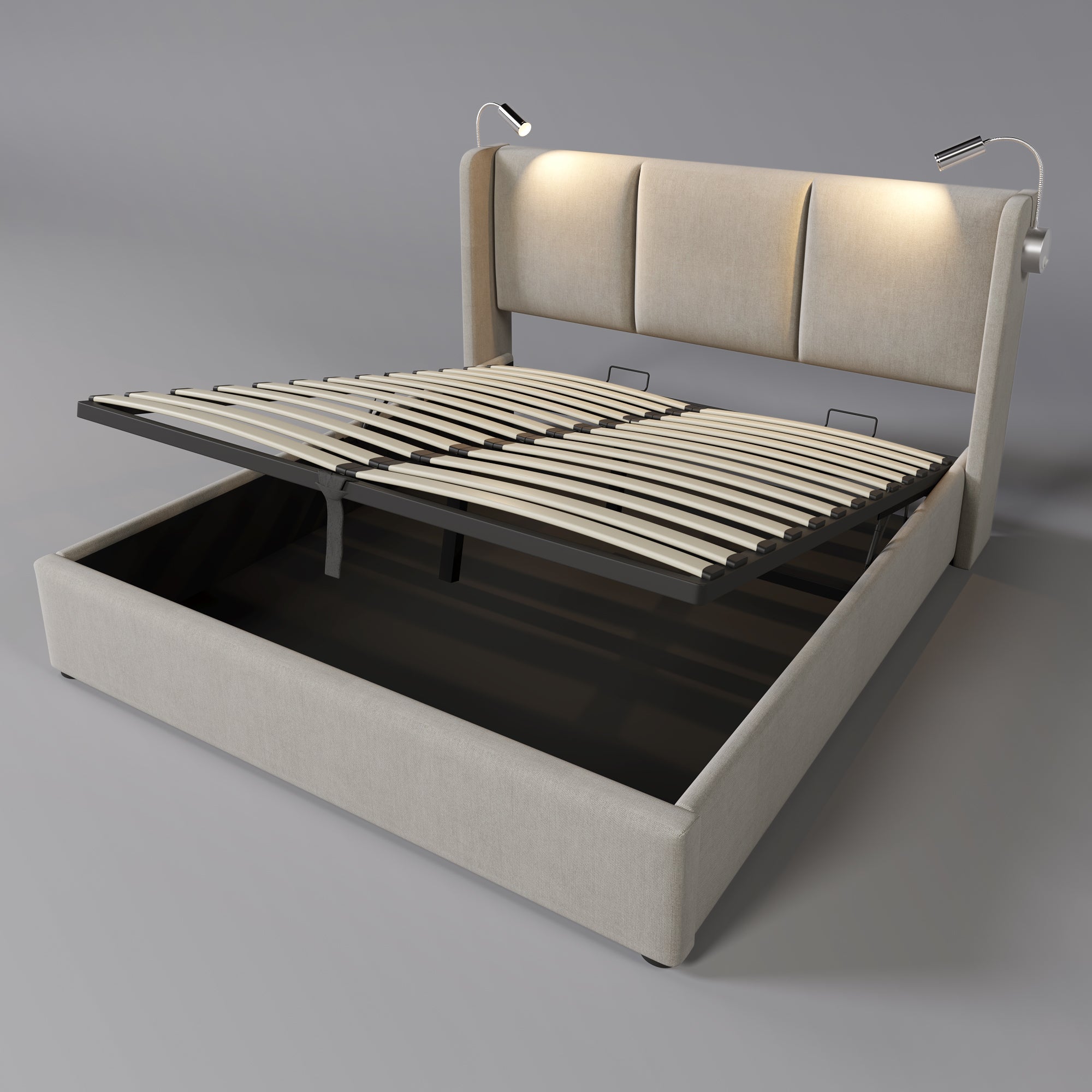 Logidon gestoffeerd bed 140x200 beige linnen opbergruimte met USB leeslampje