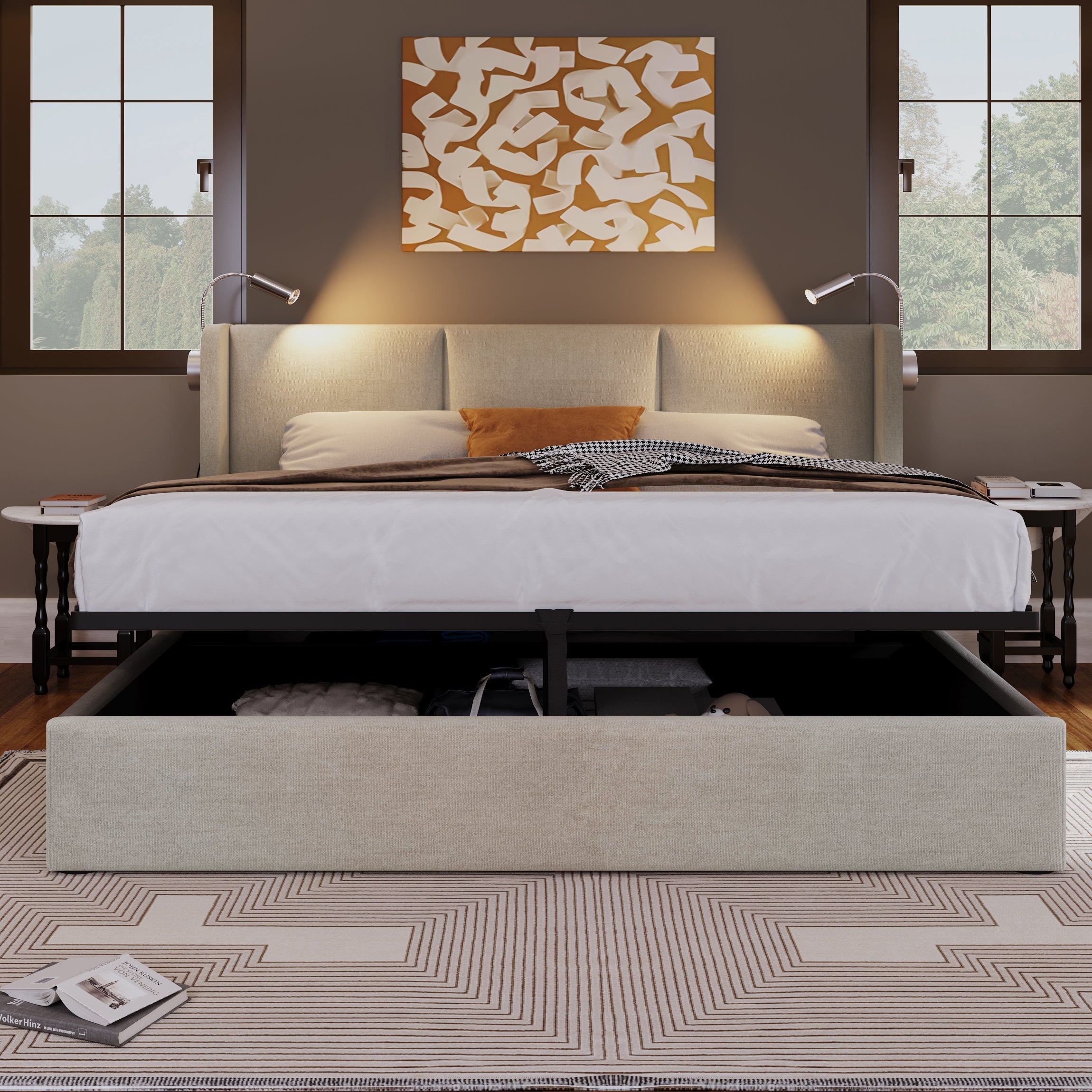 Logidon gestoffeerd bed 140x200 beige met opbergruimte USB oplaadfunctie